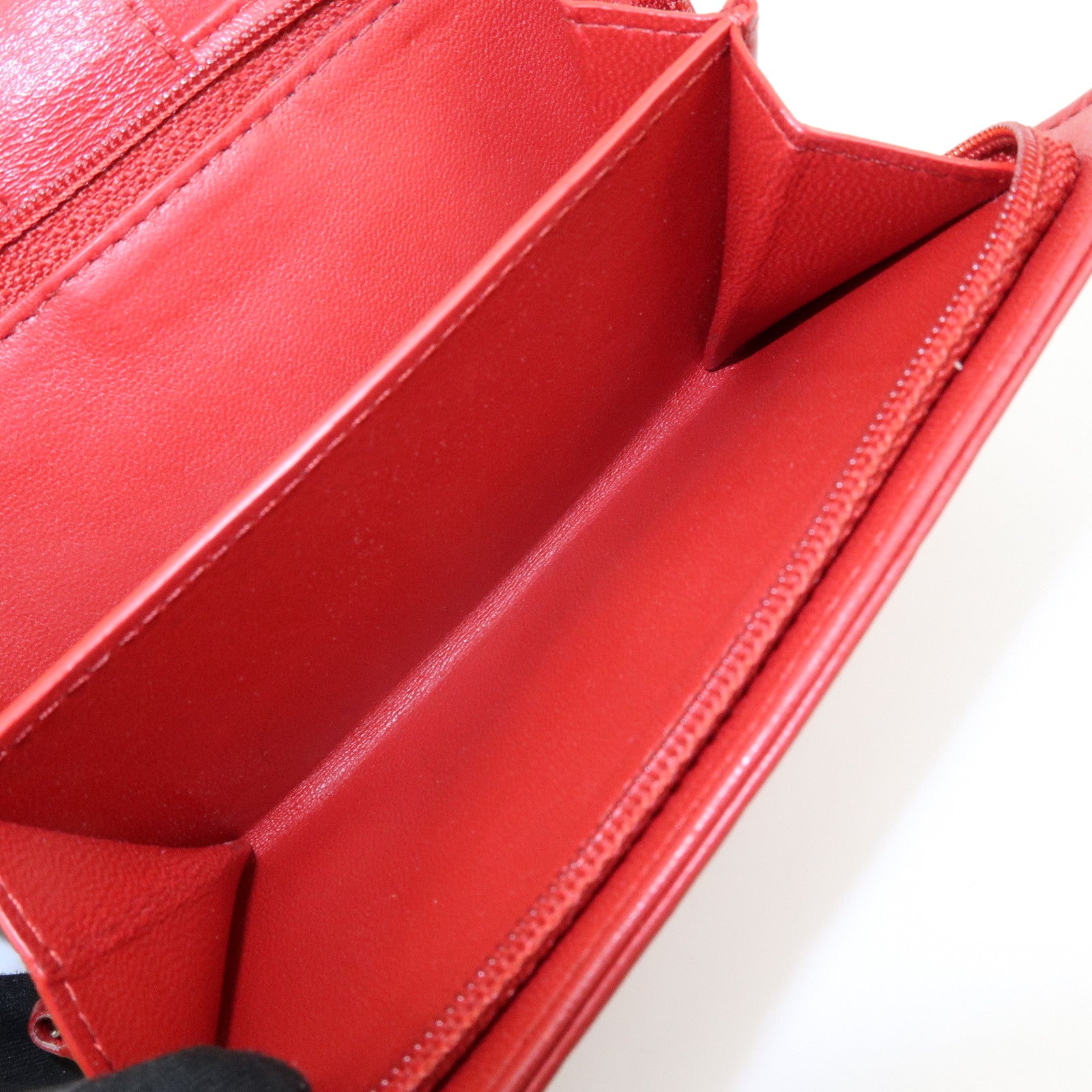 CHANEL Camellia COCO Mark Lamb Skin Bi-fold Compact Wallet Red