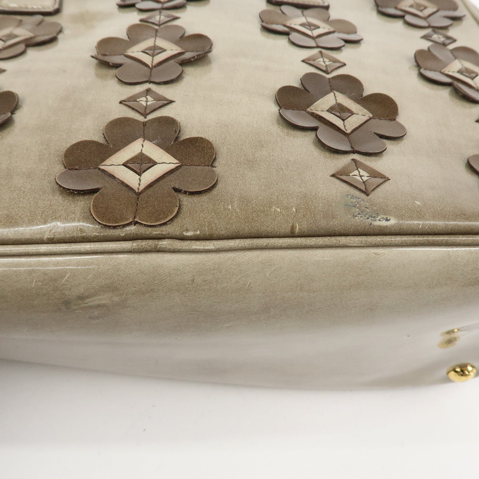 PRADA Patent Leather Flower Galleria 2Way Tote Bag Greige BB2274F