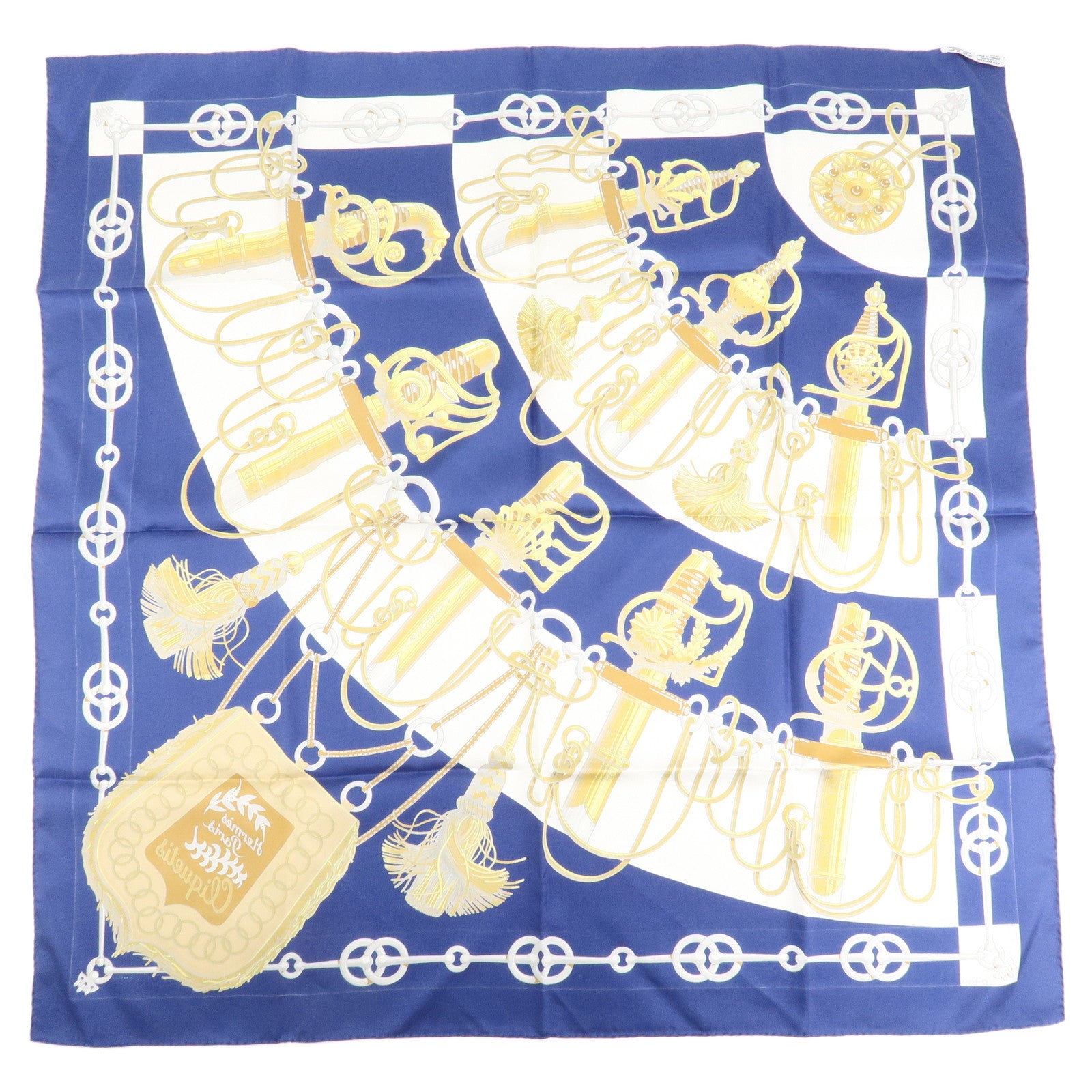 HERMES Carre 90 Silk 100% Scarf Cliquetis Gold Navy White Used