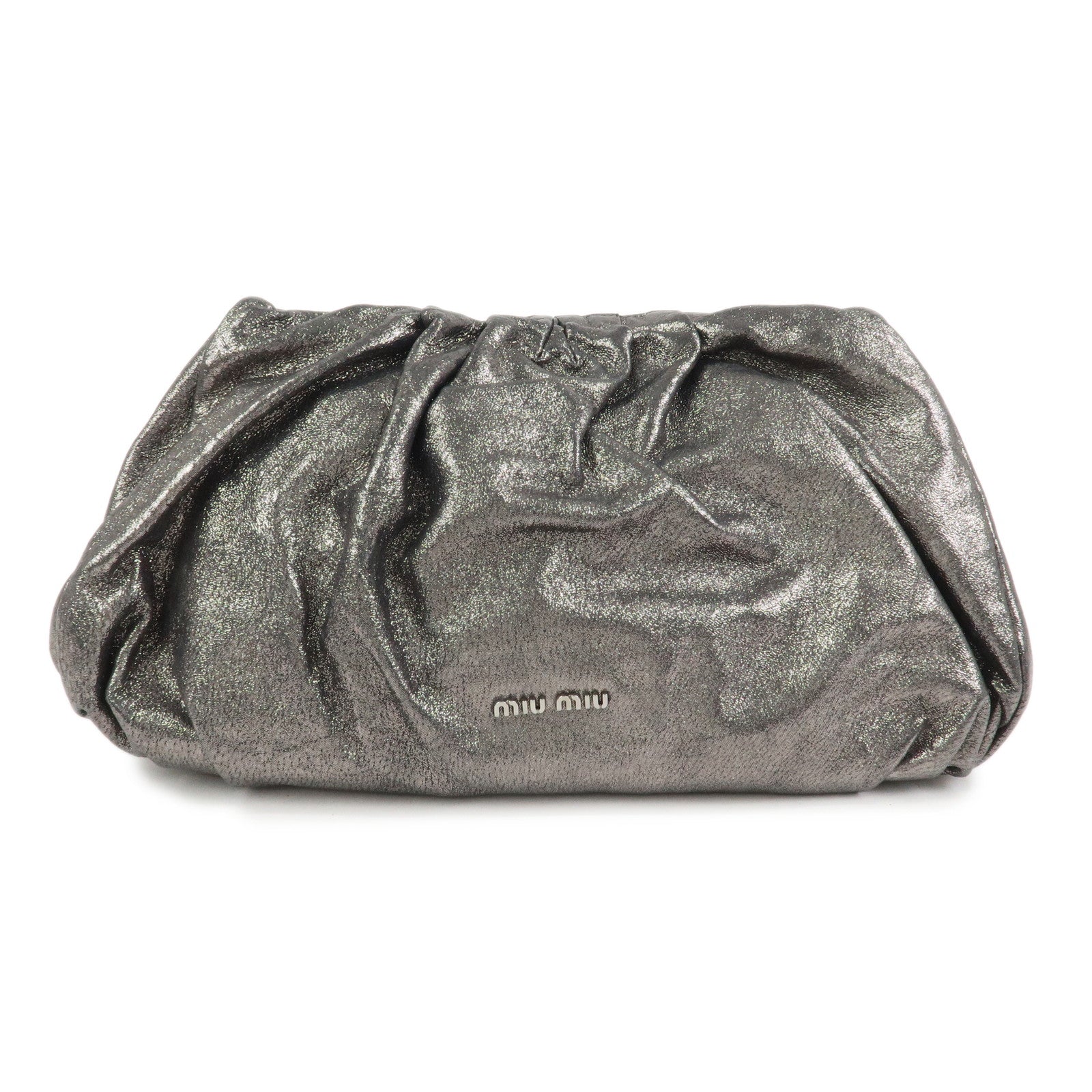 MIU MIU Logo Leather Clutch Bag Accessory Pouch Metallic Gray