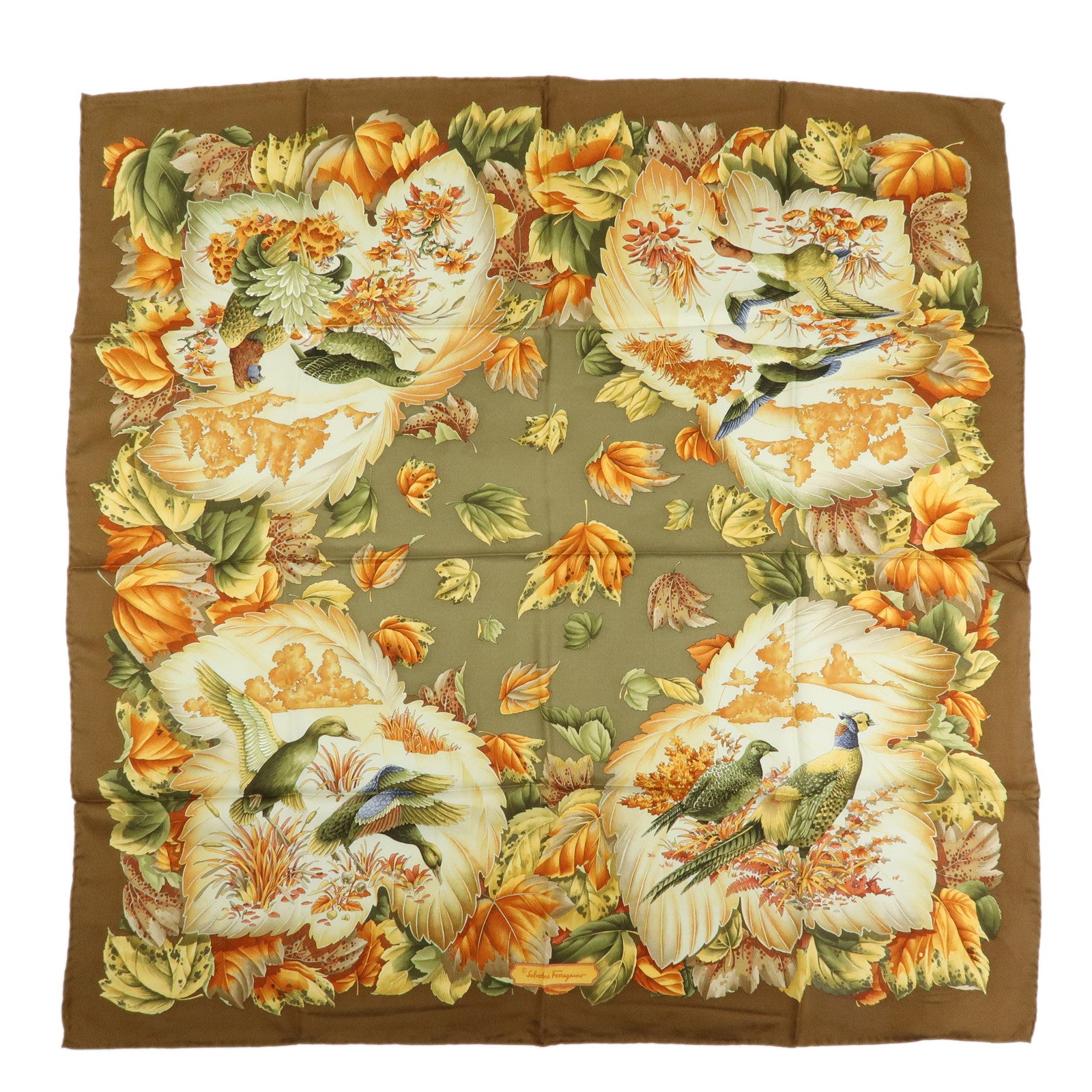 Ferragamo Silk 100% Scarf Autumn Bird And Leaf 85x85 Brown Orange
