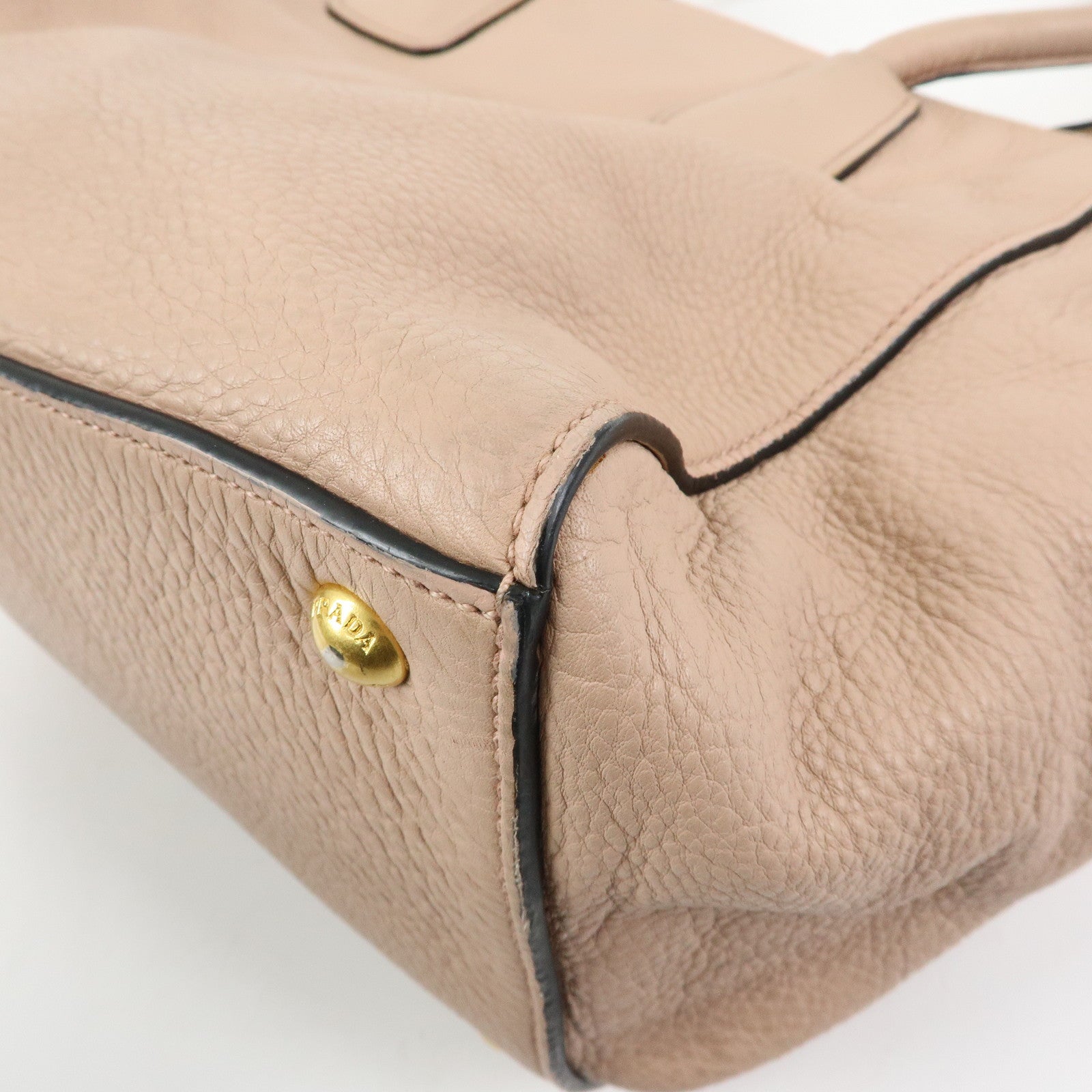 PRADA Triangle Logo Leather Tote Bag Shoulder Bag Pink Beige