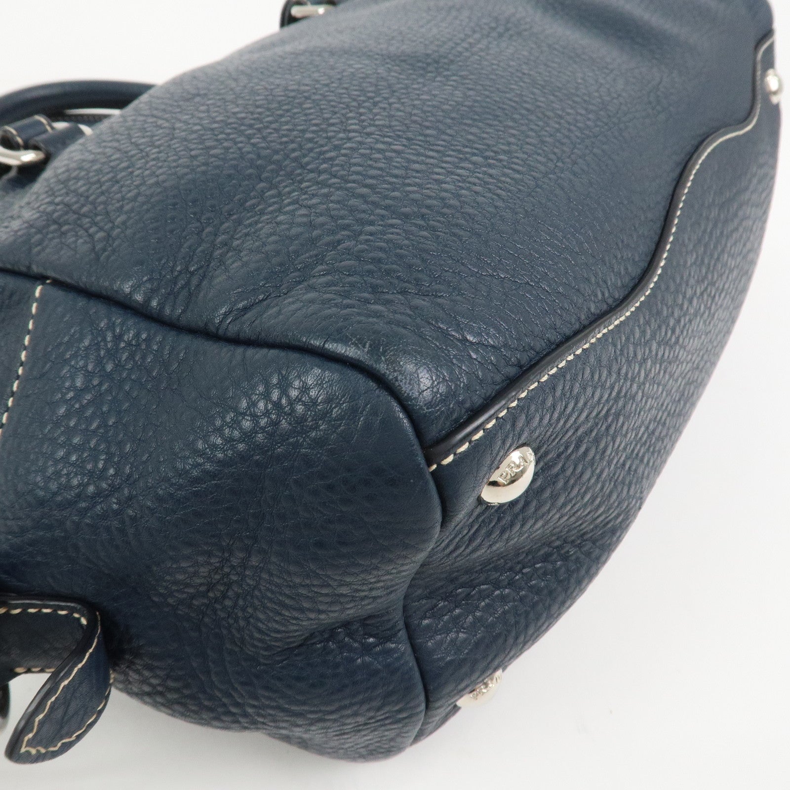 PRADA Logo Leather Boston Bag Hand Bag Navy BR3091