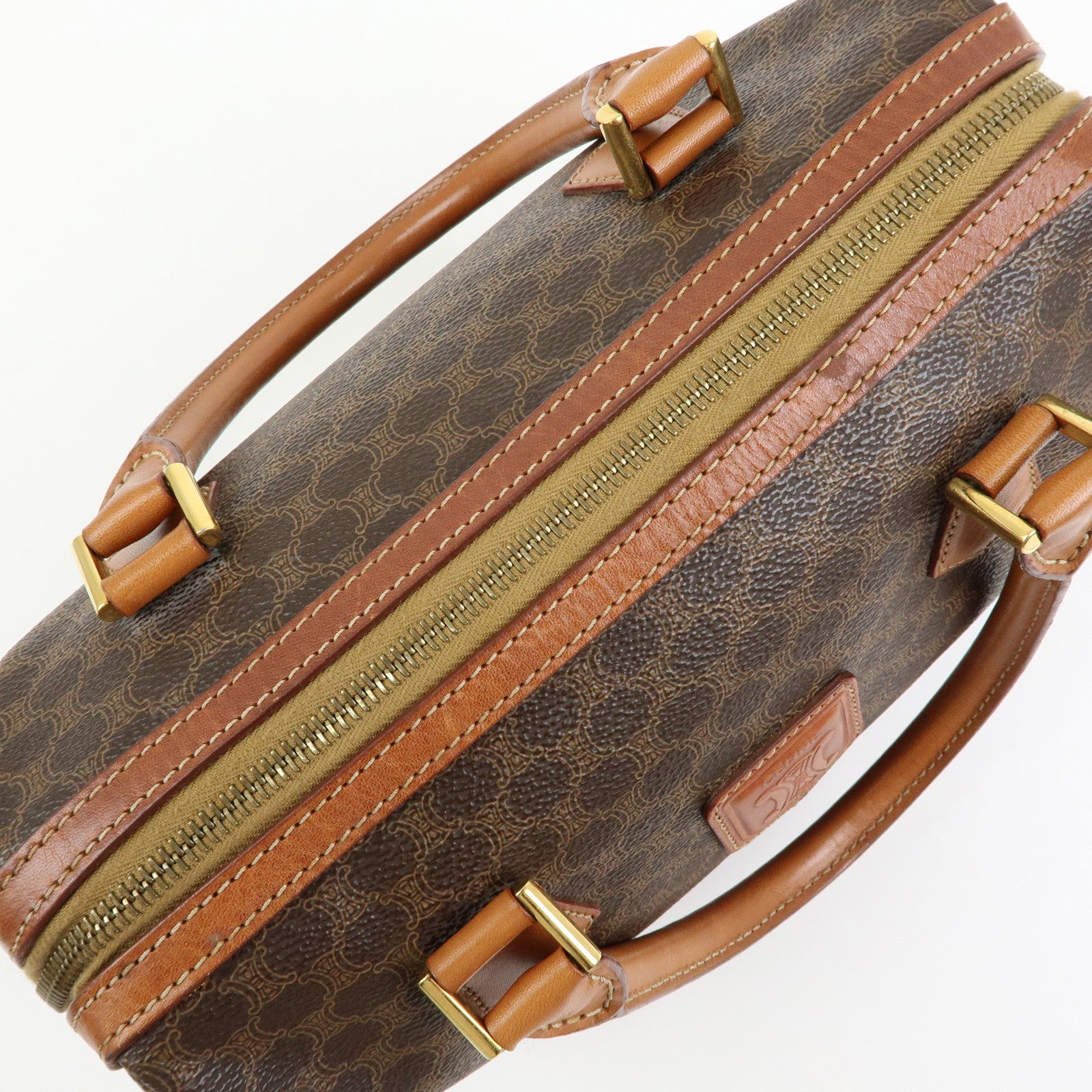 CELINE Logo Macadam PVC Leather Boston Bag Hand Bag Brown