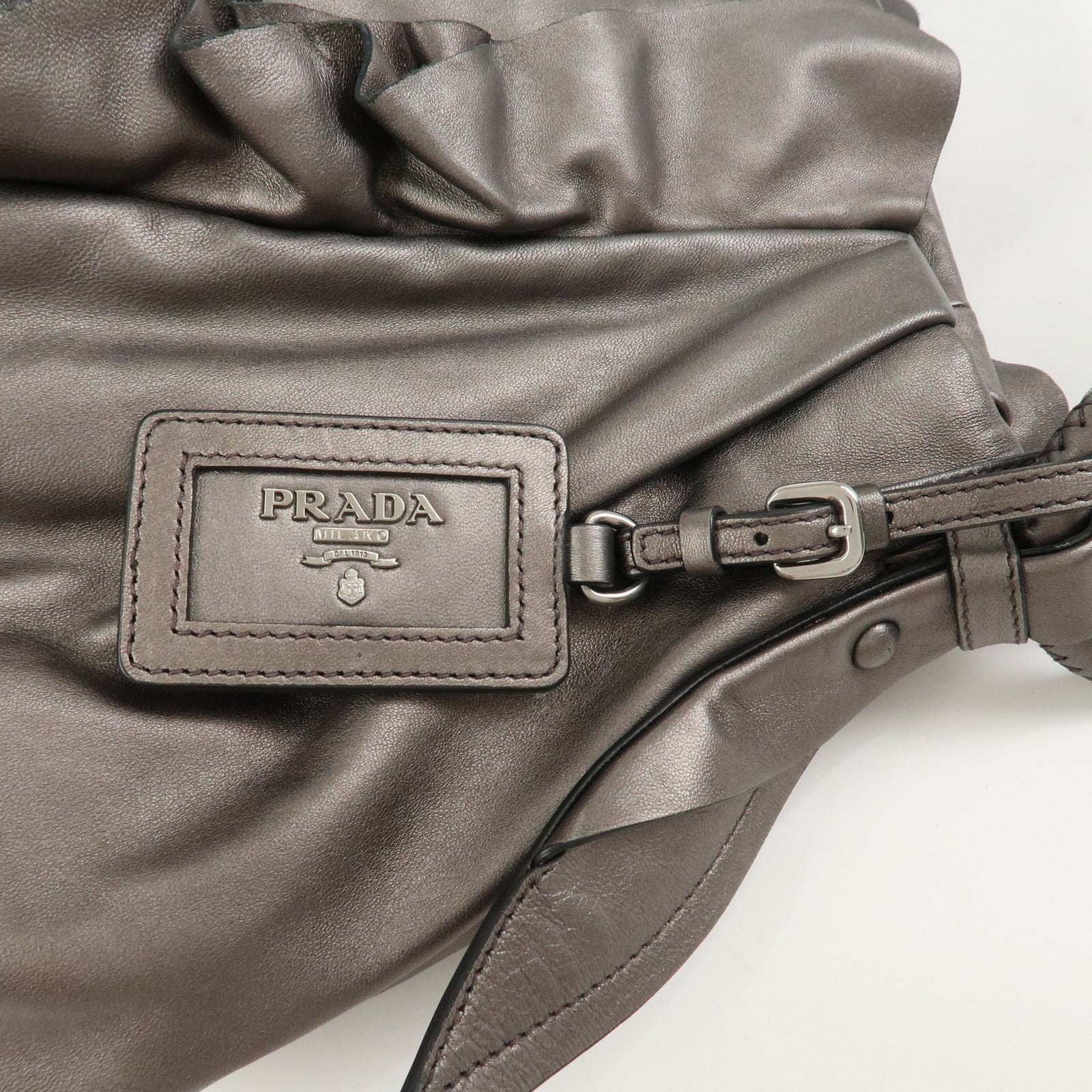 PRADA Logo Frilled Leather Shoulder Bag Hand Bag Bronze BR3993
