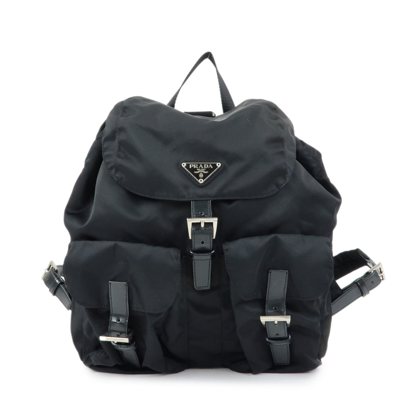 PRADA Triangle Logo Nylon Leather Backpack Rucksuck Black