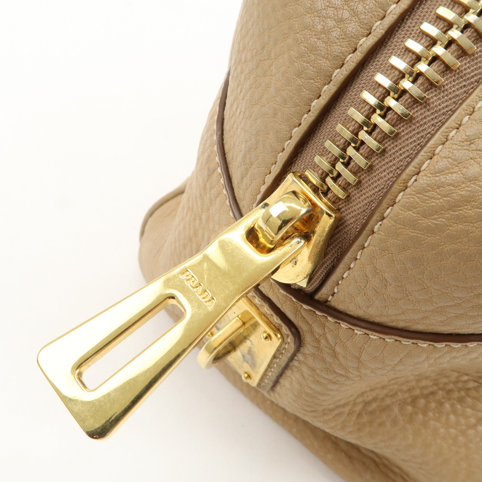 PRADA Leather Boston Bag Hand Bag Beige Gold BL8062