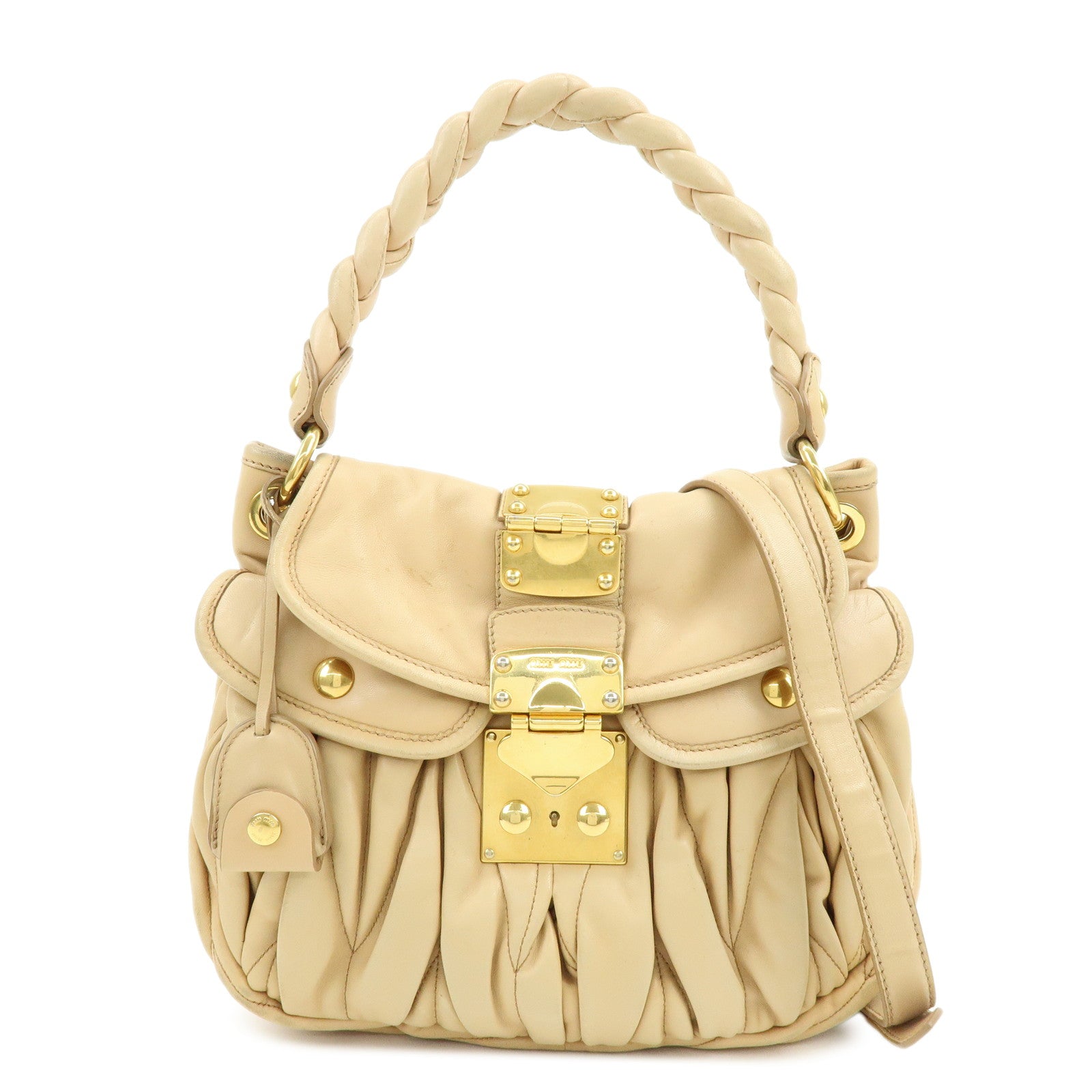 MIU MIU Matelasse Leather 2Way Bag Hand Bag Shoulder Bag Beige