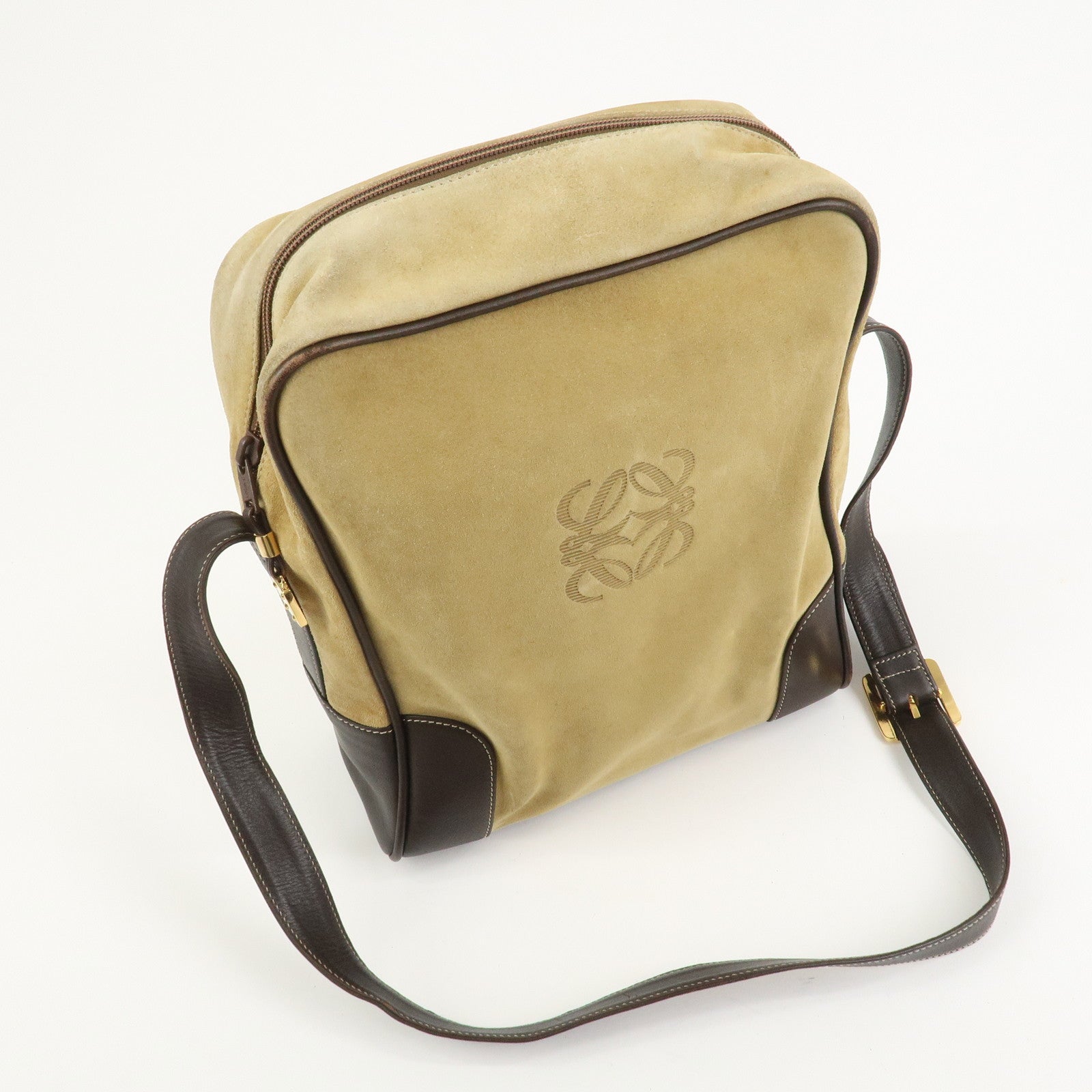 LOEWE Anagram Suede Leather Shoulder Bag Beige Brown