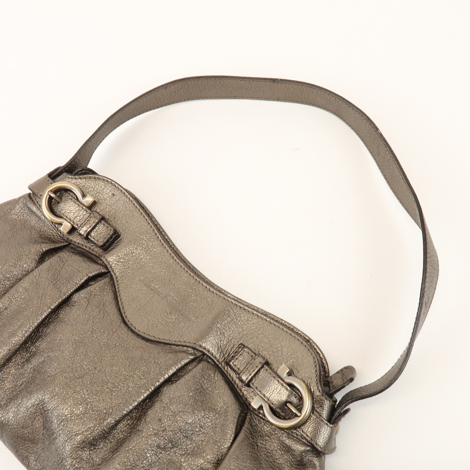 Ferragamo Gancini Leather Shoulder Bag Hand Bag Bronze