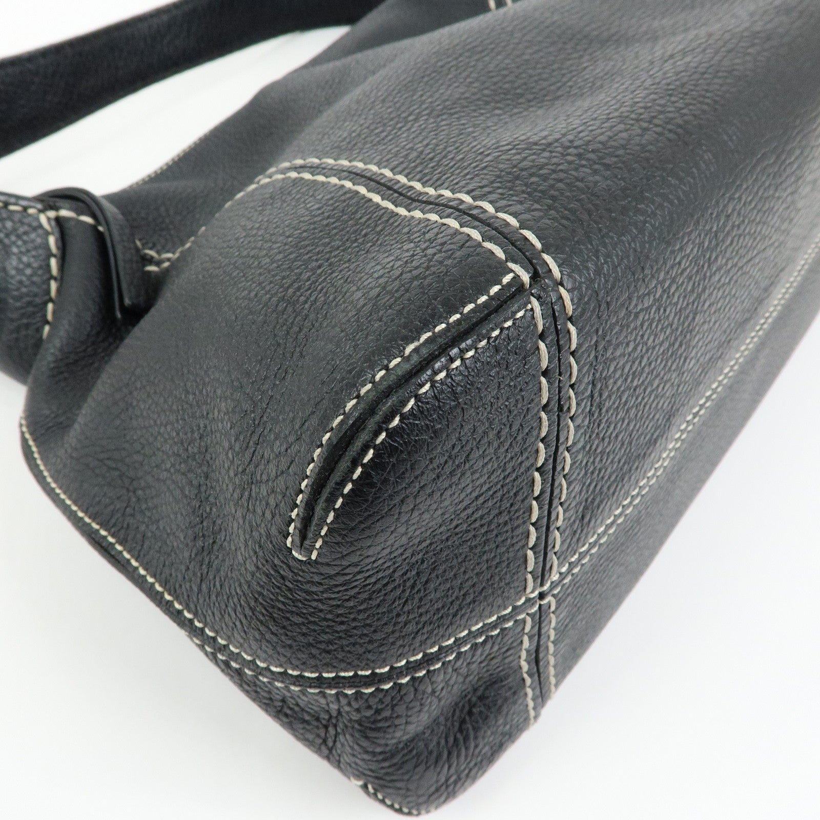 TOD'S Logo Stitches Leather Shoulder Bag Hand Bag Black