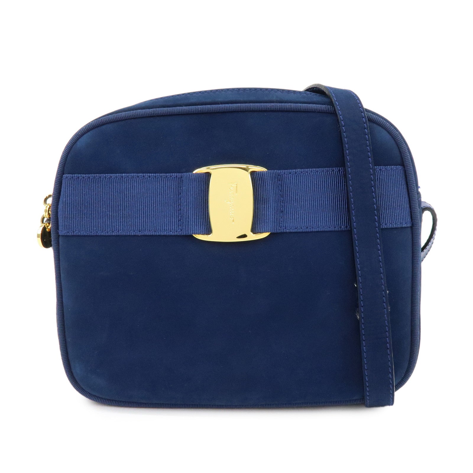 Ferragamo Vara Suede Shoulder Bag Crossbody Bag Camera Bag Navy