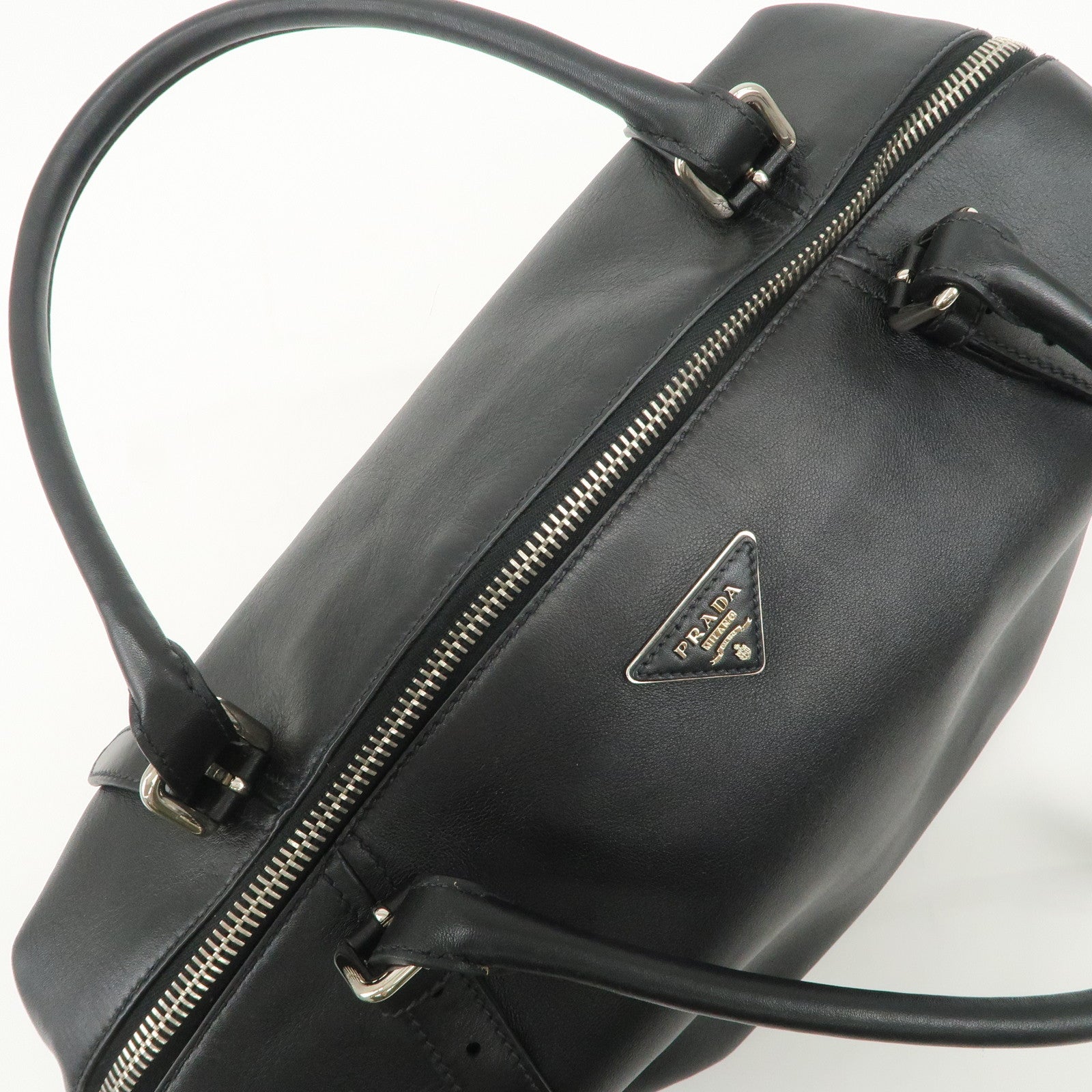 PRADA Triangle Logo Leather Boston Bag Shoulder Bag Black BR4998