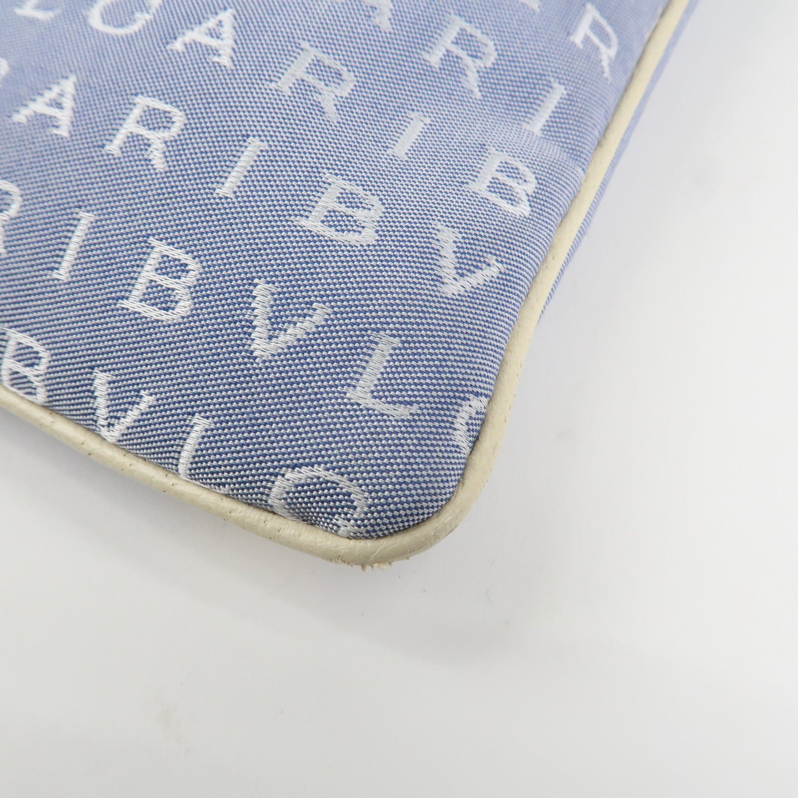 BVLGARI Logo Mania Leather Canvas Shoulder Bag Ivory Light Blue Used