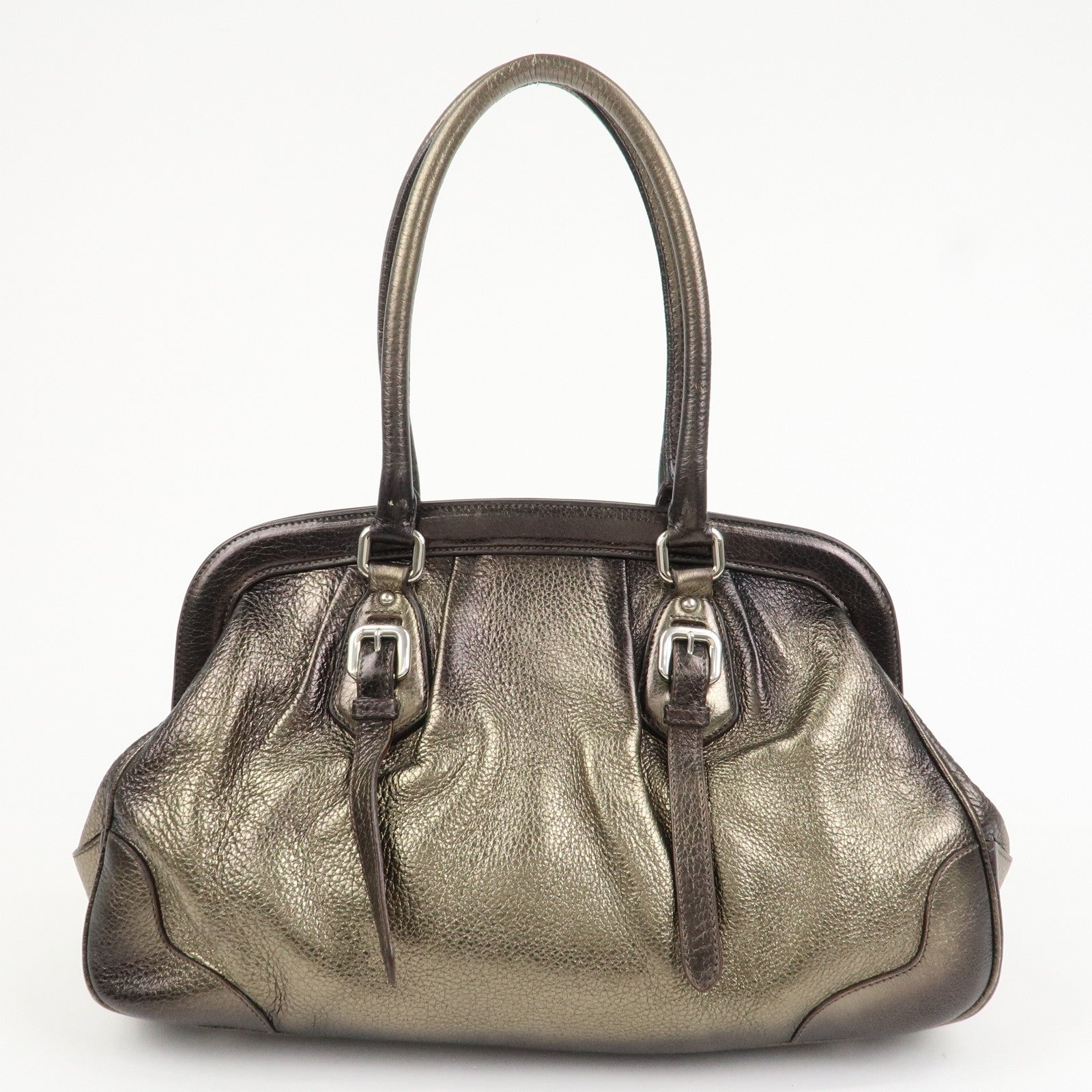 PRADA Logo Leather Shoulder Bag Boston Bag Metallic Gold