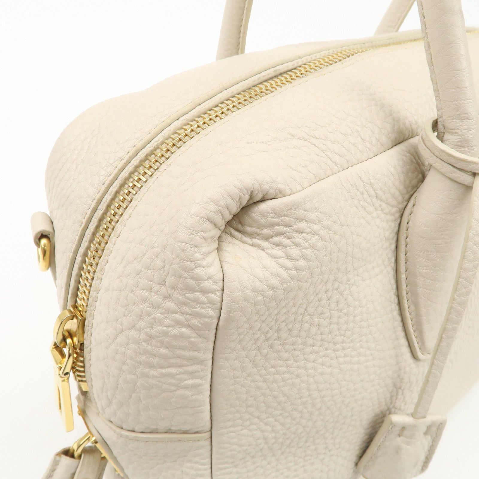 PRADA Logo Leather 2Way Boston Shoulder Bag Gold HDW Ivory