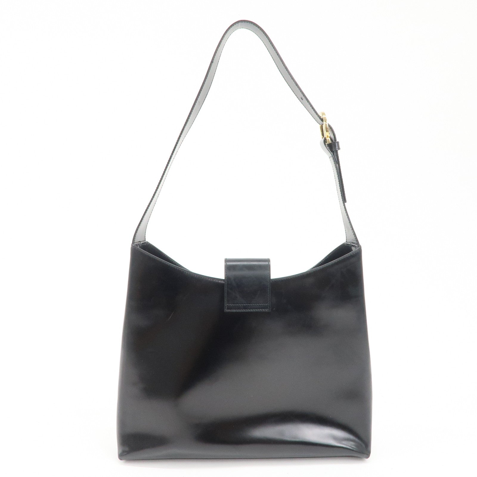 Ferragamo Gancini Leather Shoulder Bag Hand Bag Black Gold HDW