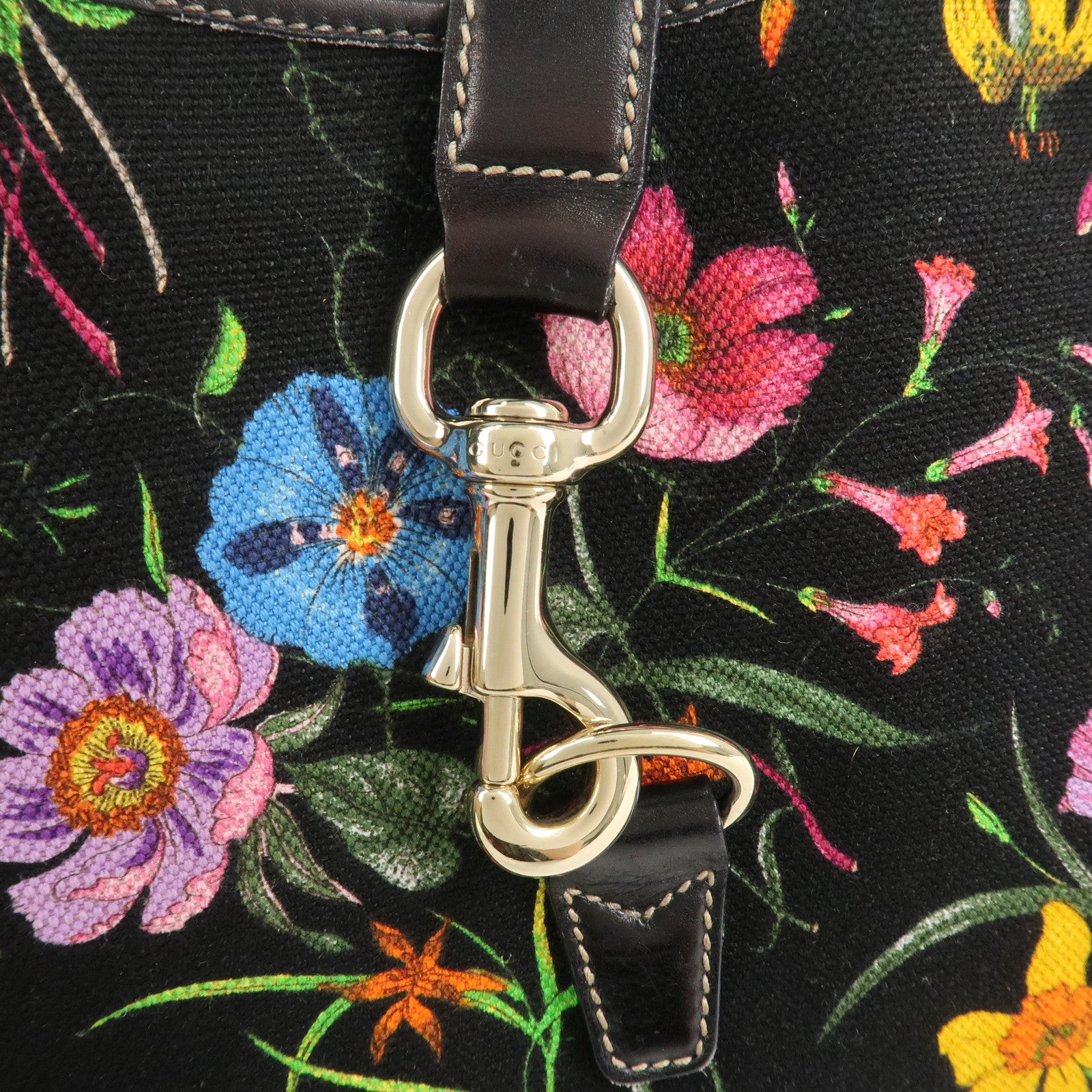GUCCI Canvas Leather Shoulder Bag Flower Print Black 153029