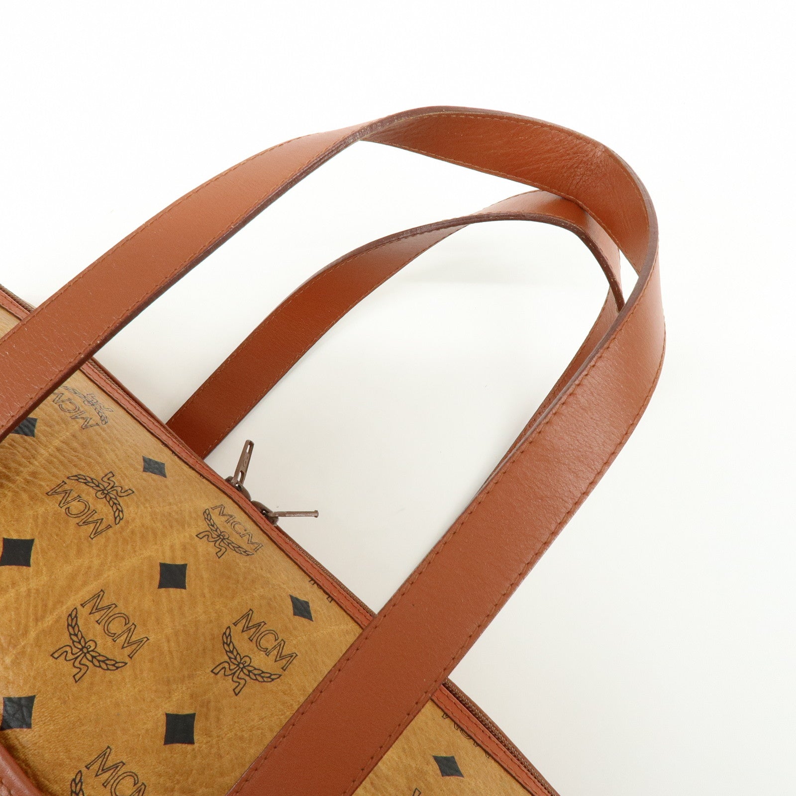 MCM Visetos PVC Leather Tote Bag Boston Bag Hand Bag Cognac Brown