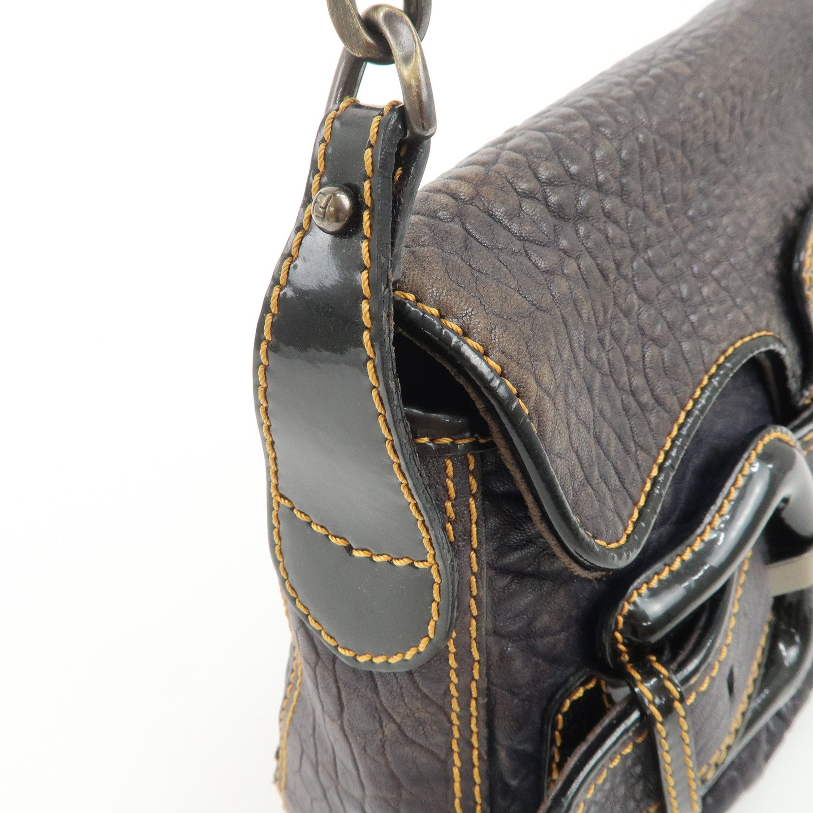 FENDI Leather Patent Leather shoulder Bag Belt Navy 8BR551