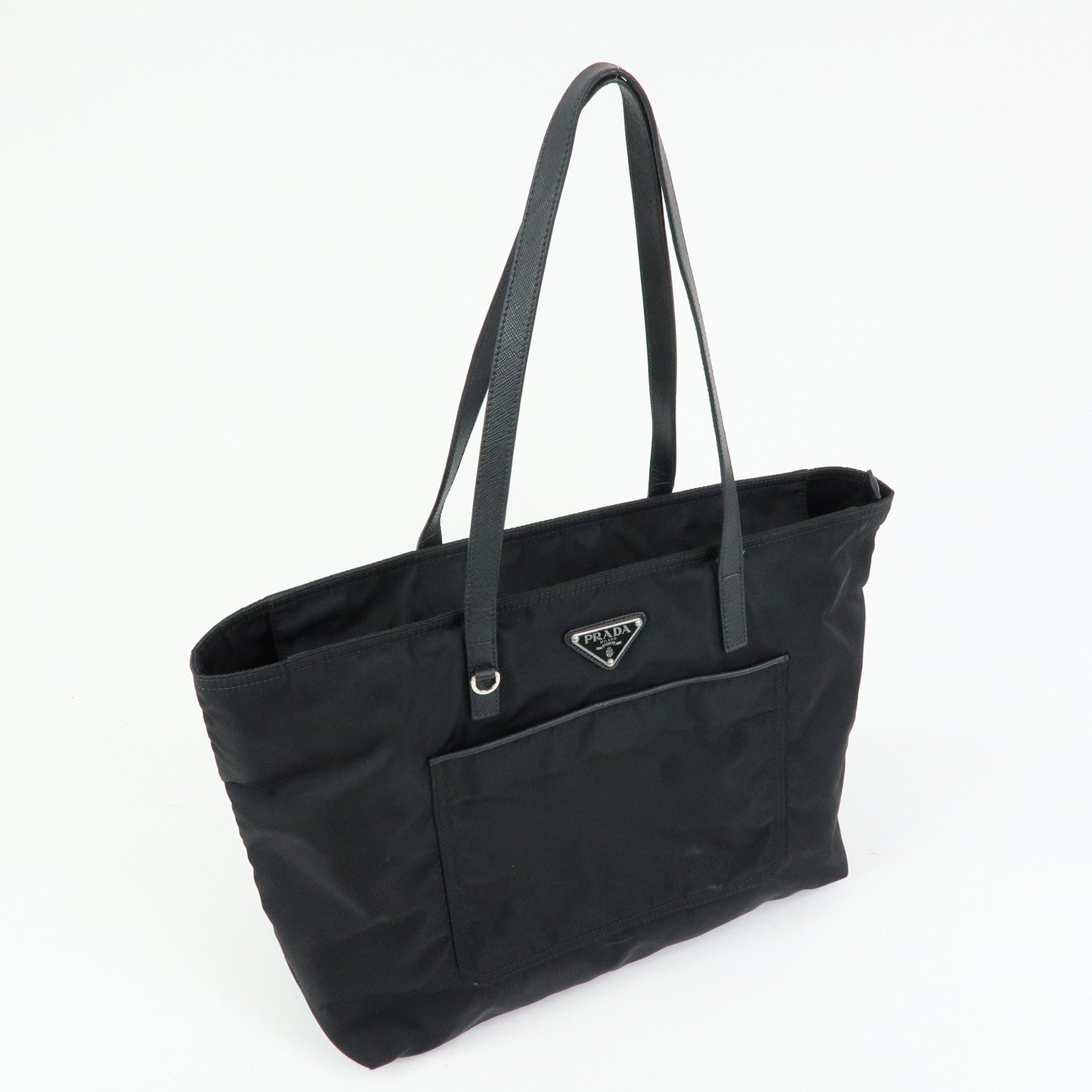 PRADA Triangle Logo Nylon Leather Tote Bag Shoulder Bag Black