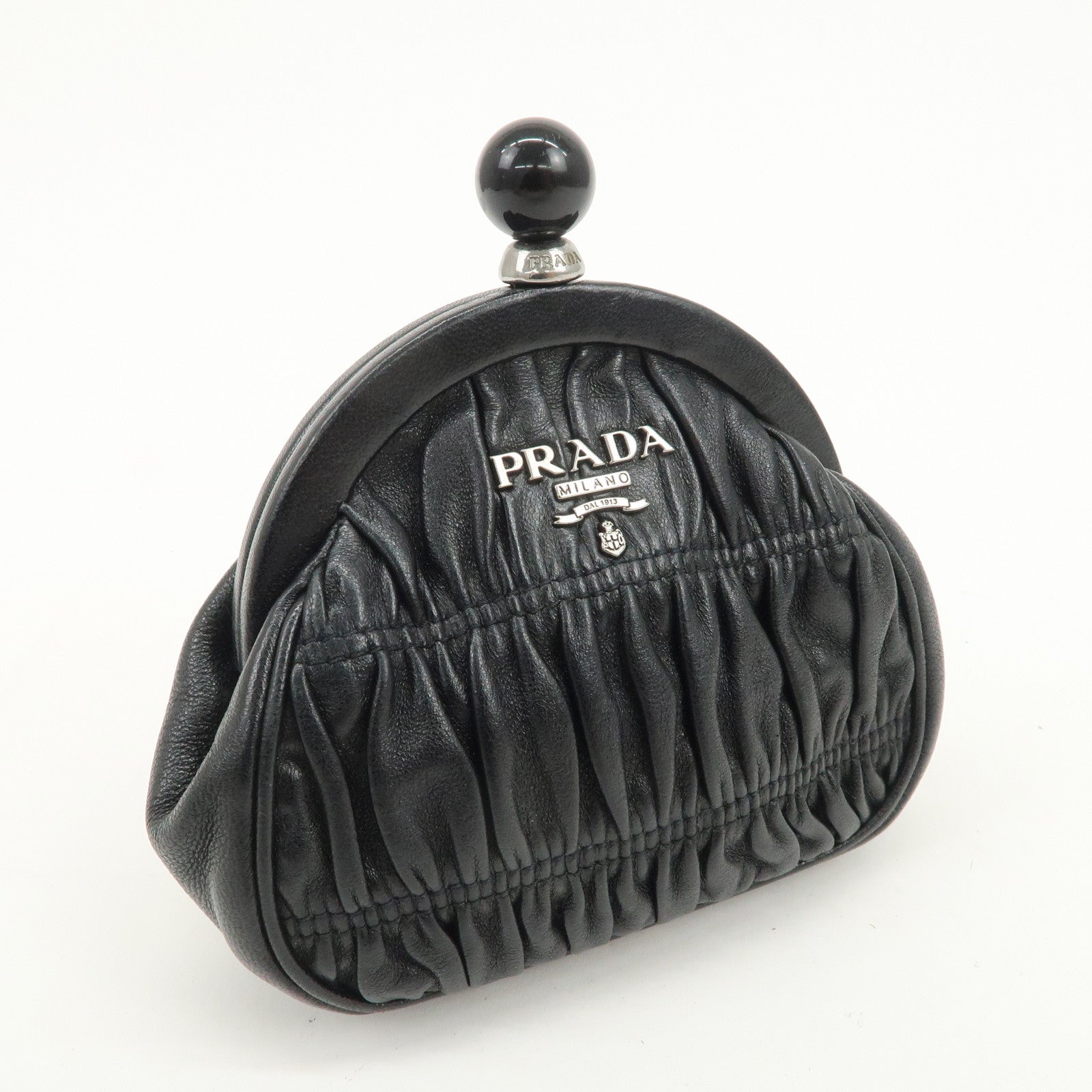 PRADA Logo Gathered Leather Pouch Compact Wallet Coin Case Black
