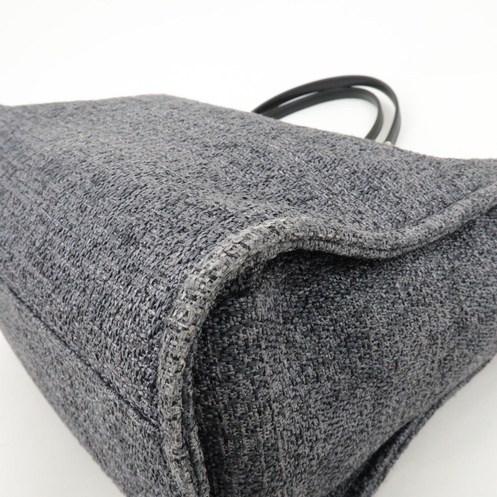 CHANEL Deauville Raffia Leather Chain Tote Bag MM Navy A66941 Used