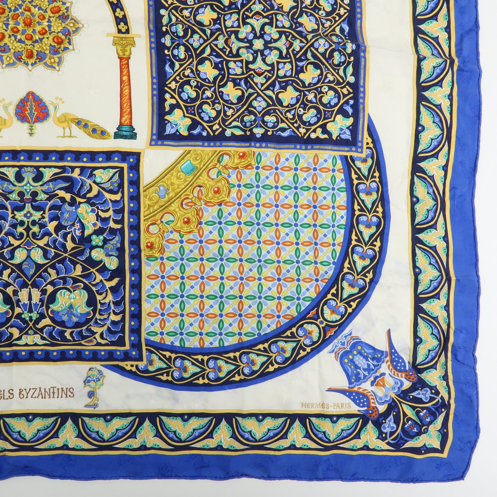 HERMES Carre 90 Silk 100% CIELS BYZANTINS Scarf Blue Gold