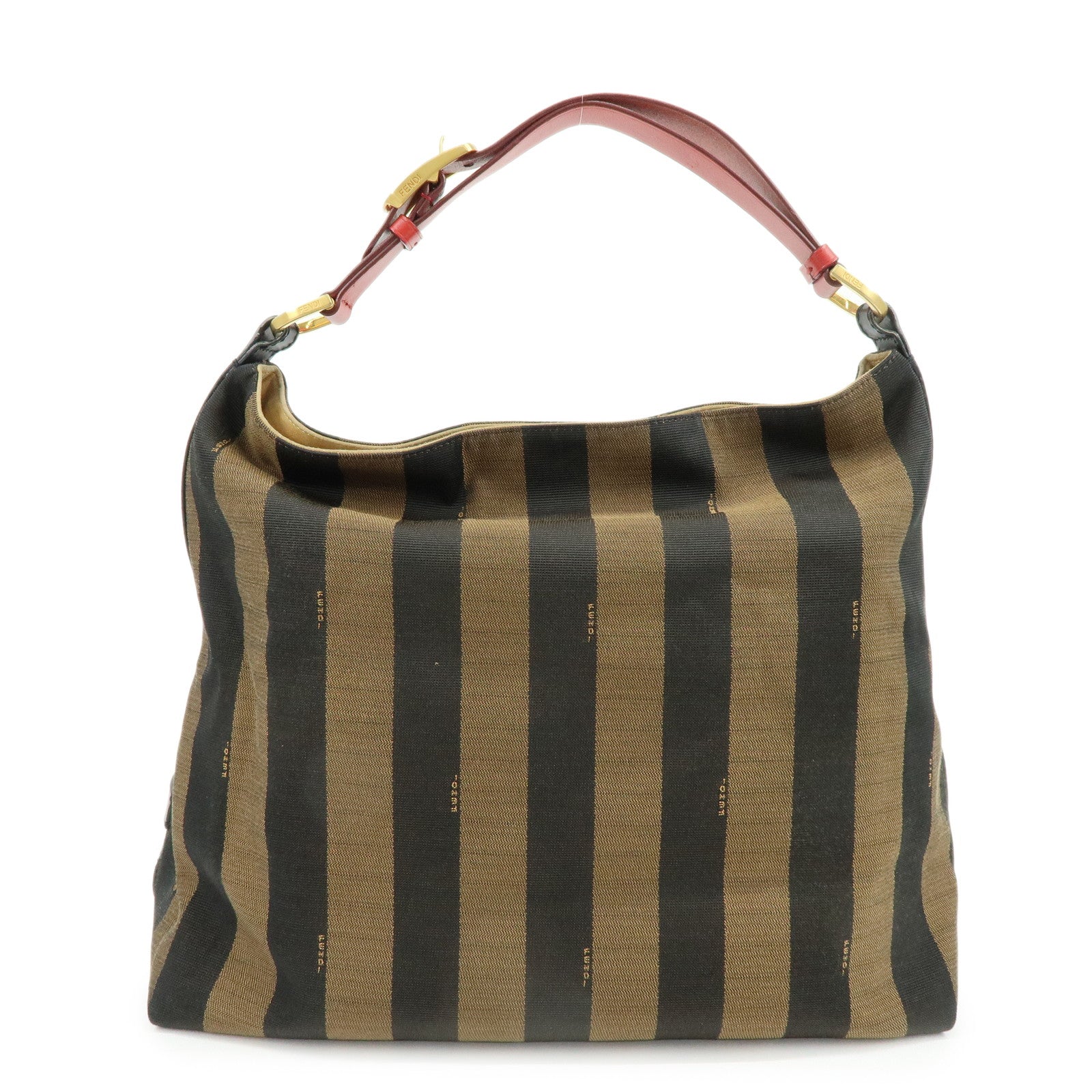 FENDI Pequin Canvas Leather Shoulder Bag Hand Bag Brown Red 8BR653