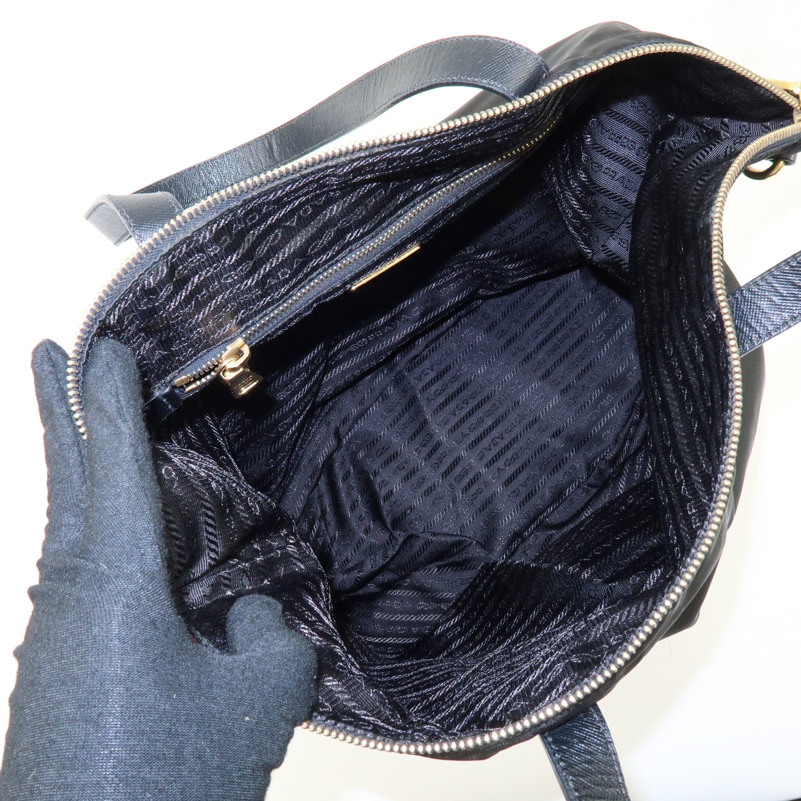PRADA Triangle Logo Nylon Saffiano Leather 2Way Bag Hand Bag Black