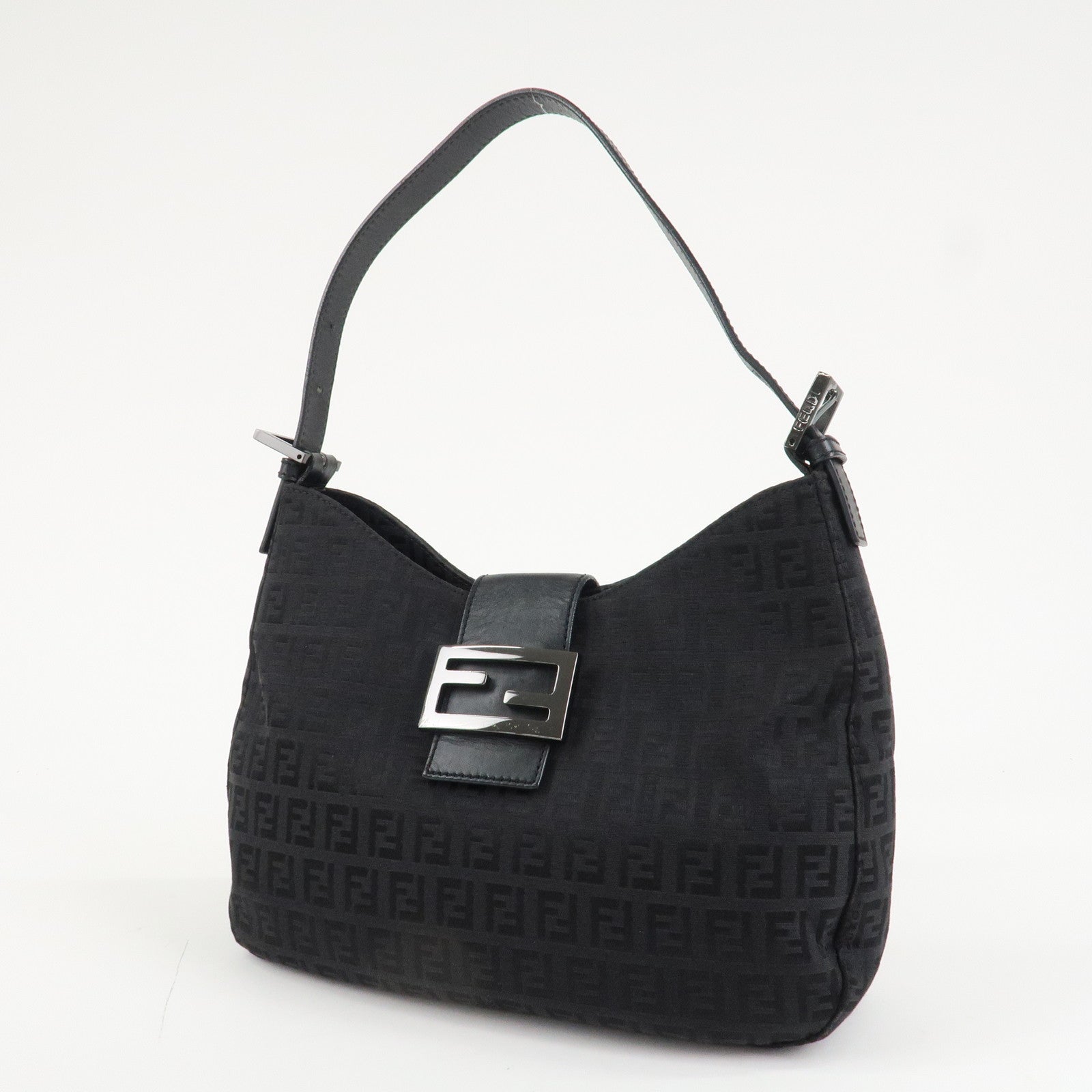FENDI Zucchino Leather Canvas Shoulder Bag Black Used