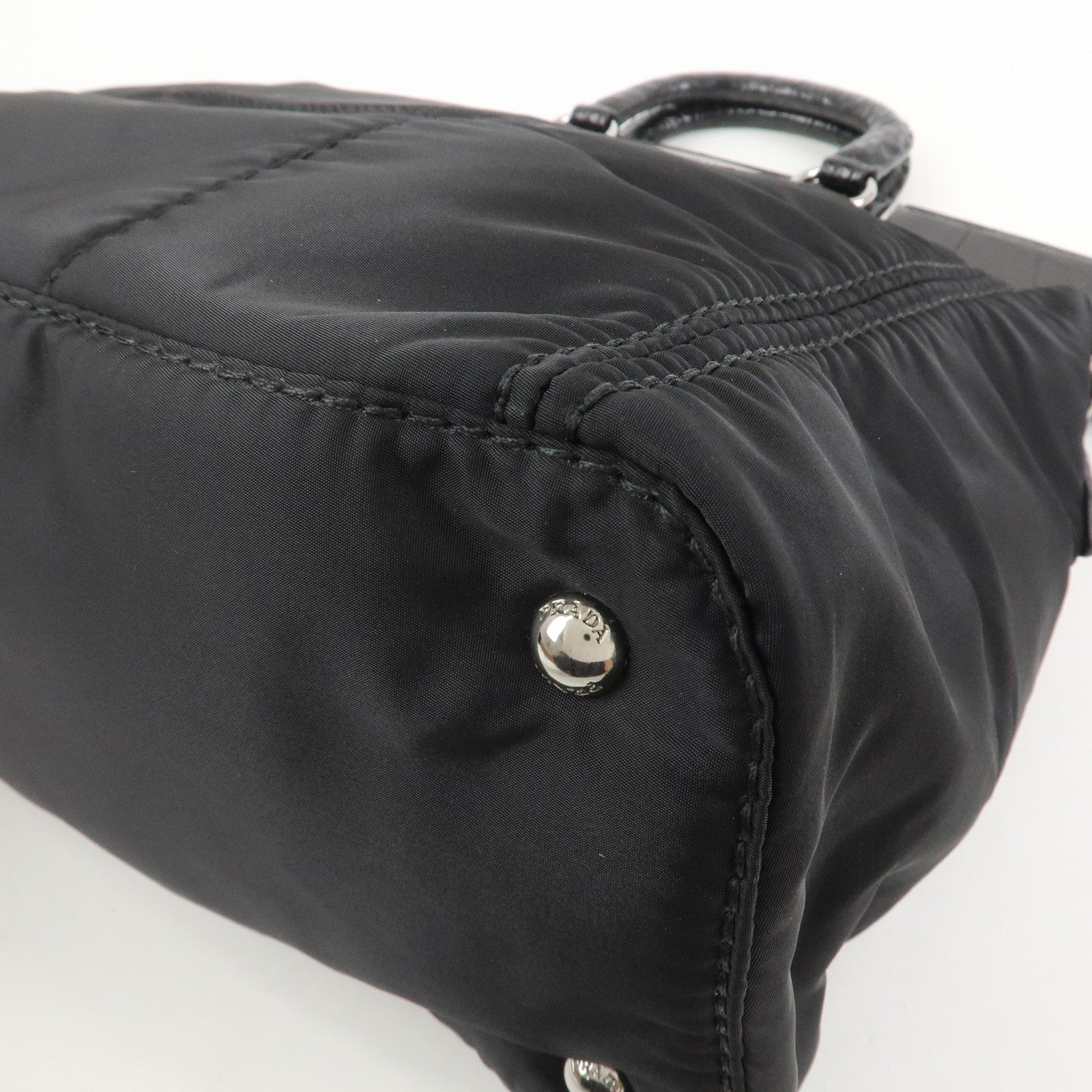 PRADA Triangle Logo Nylon Embossed Leather Hand Bag Black