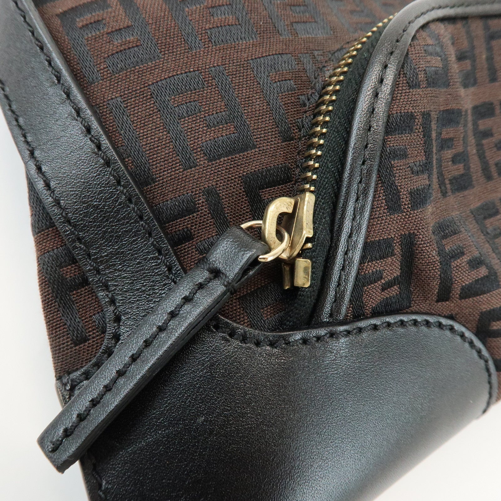FENDI Zucchino Logo Canvas Leather Black Shoulder Bag Brown 8BR464