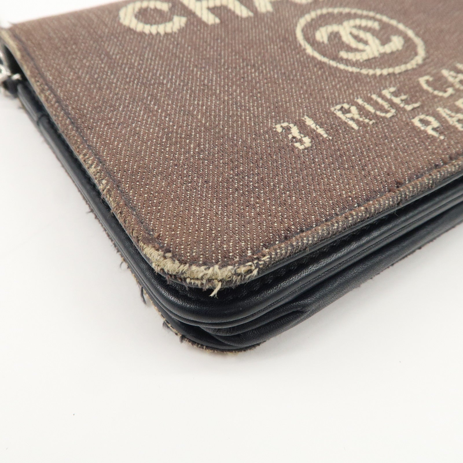CHANEL Deauville Denim Chain Wallet Navy Brown Silver HDW A80795 Used