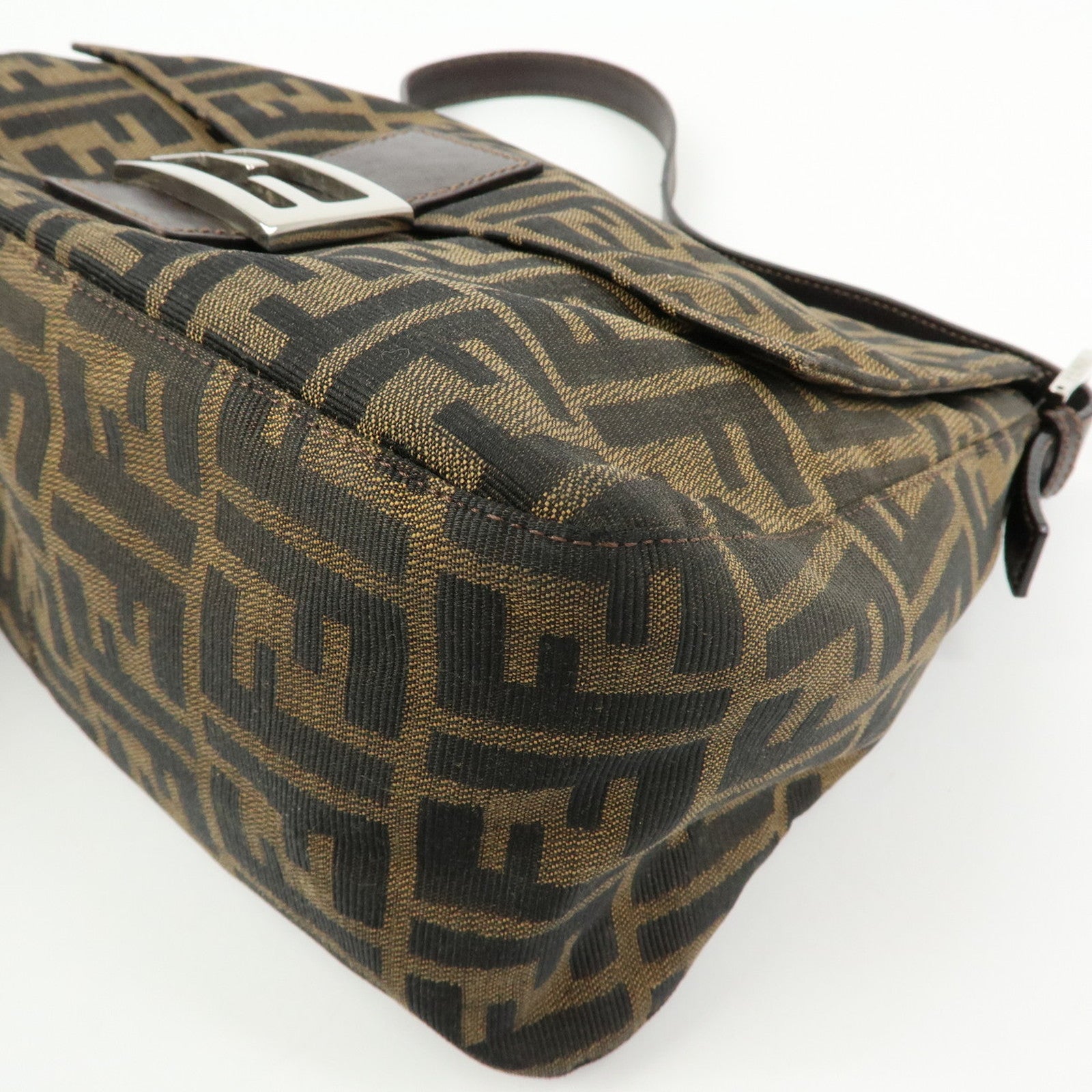 FENDI Mamma Baguette Zucca Canvas Leather Shoulder Bag Brown 26325