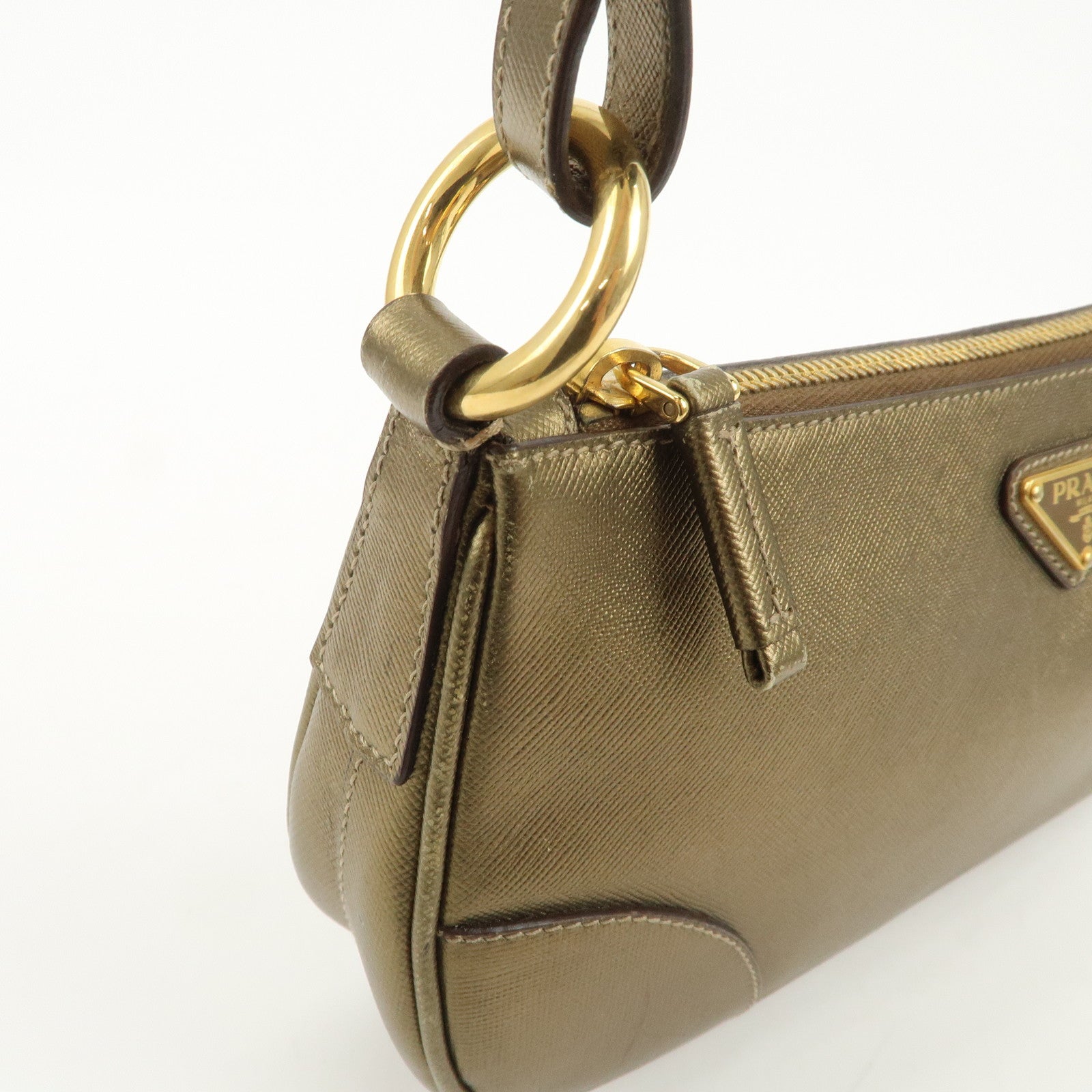 PRADA Triangle Logo Saffiano Leather Shoulder Bag Hand Bag Gold