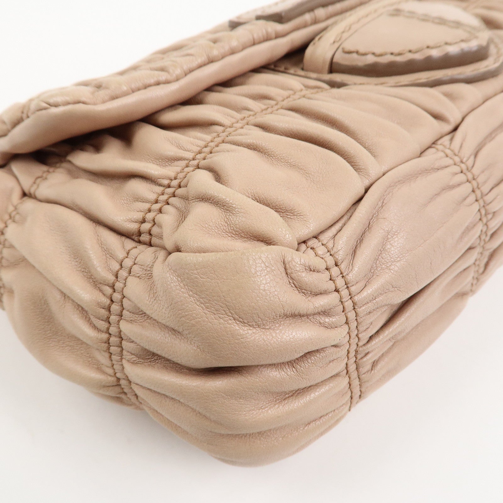 PRADA Leather Gathered Chain Shoulder Bag Pink Beige B4695C