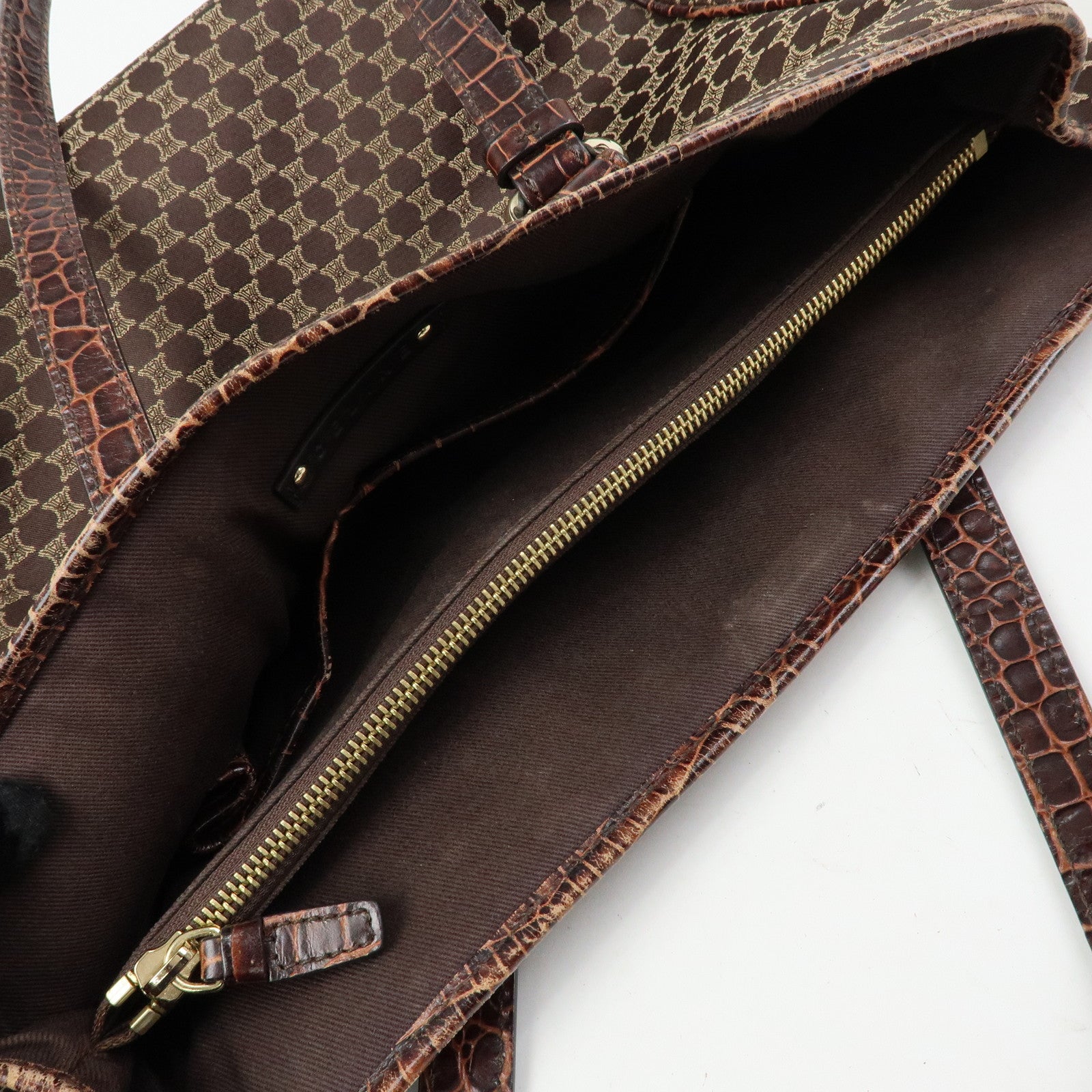 CELINE Macadam Embsossed Leather Canvas Tote Bag Hand Bag Brown