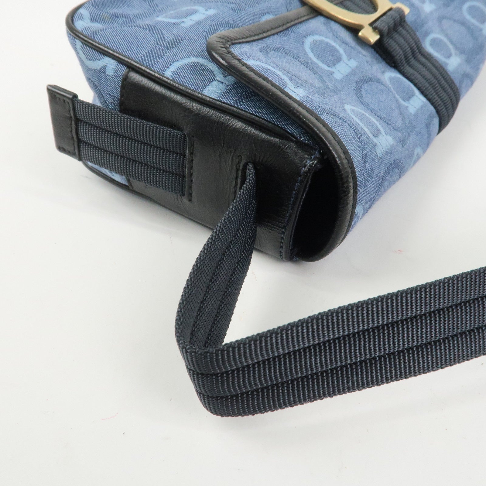 Ferragamo Gancini Canvas Leather Shoulder Bag Blue Black