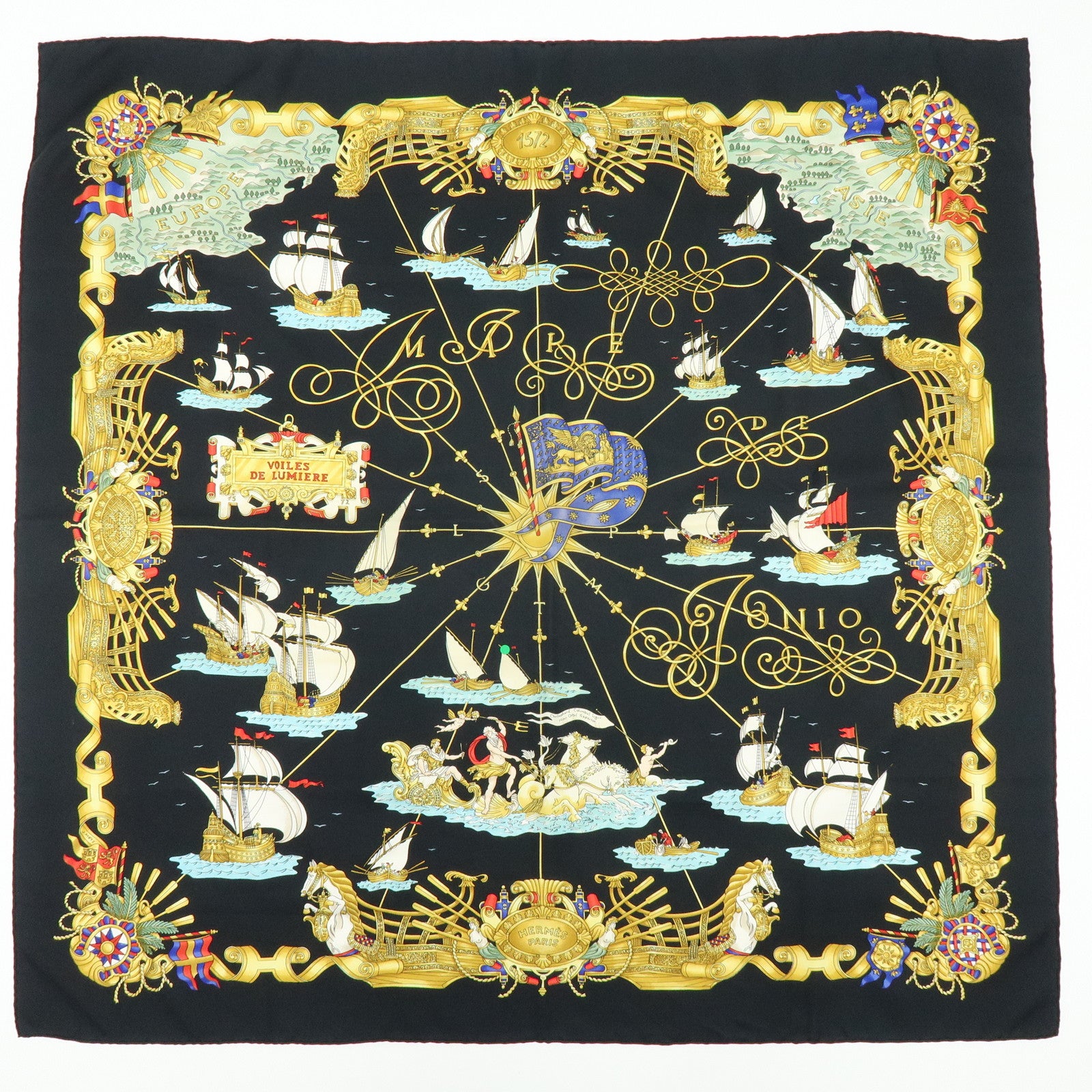 HERMES Carre 90 Set of 2 Silk 100% Scarf Black Gold Brown