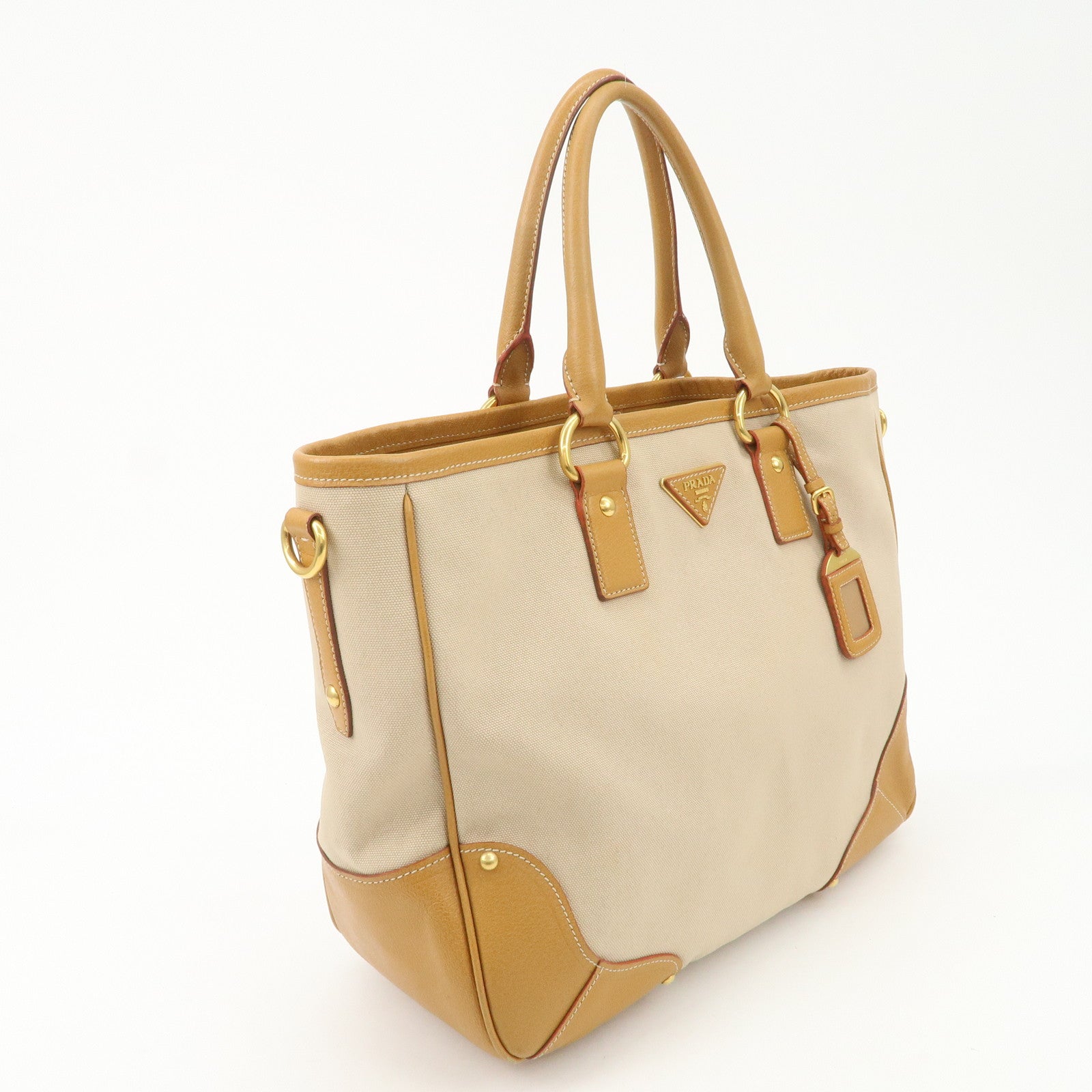 PRADA Triangle Logo Leather Canvas 2 Way Tote Bag Beige Brown
