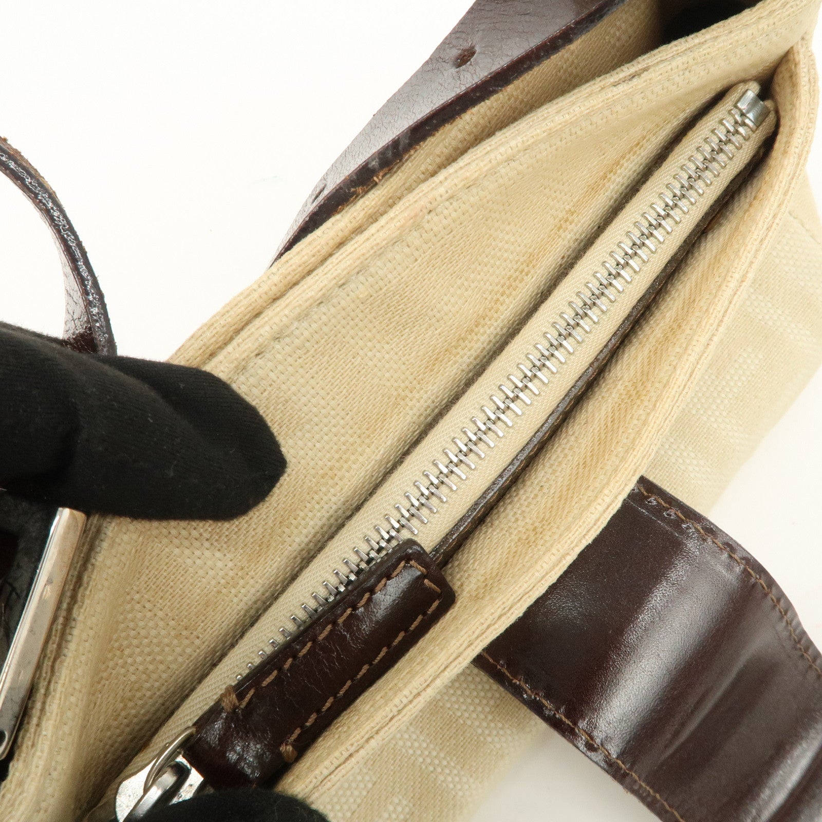 FENDI Zucca Canvas Leather Shoulder Bag Beige Brown 26723