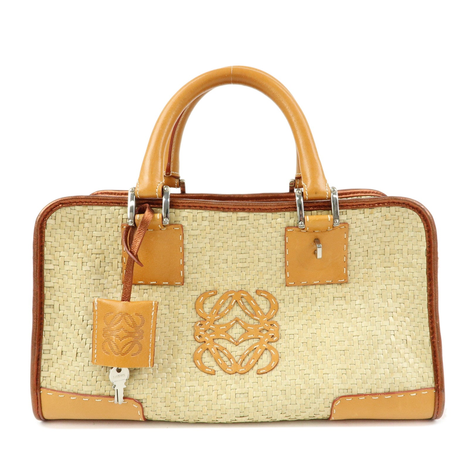 LOEWE Anagram Amazona 28 Raffia Leather Hand Bag Beige Camel