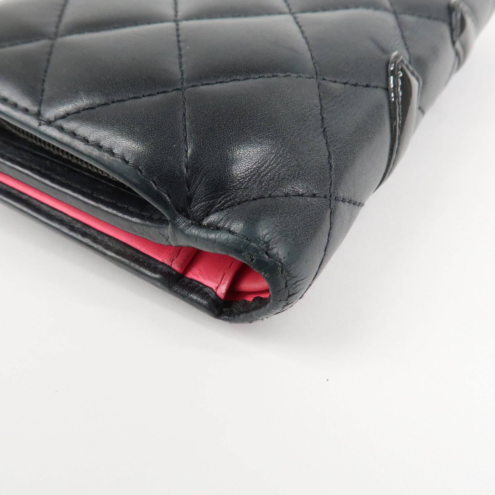 CHANEL Cambon Line COCO Mark Bifold Wallet Black Pink A50080 Used