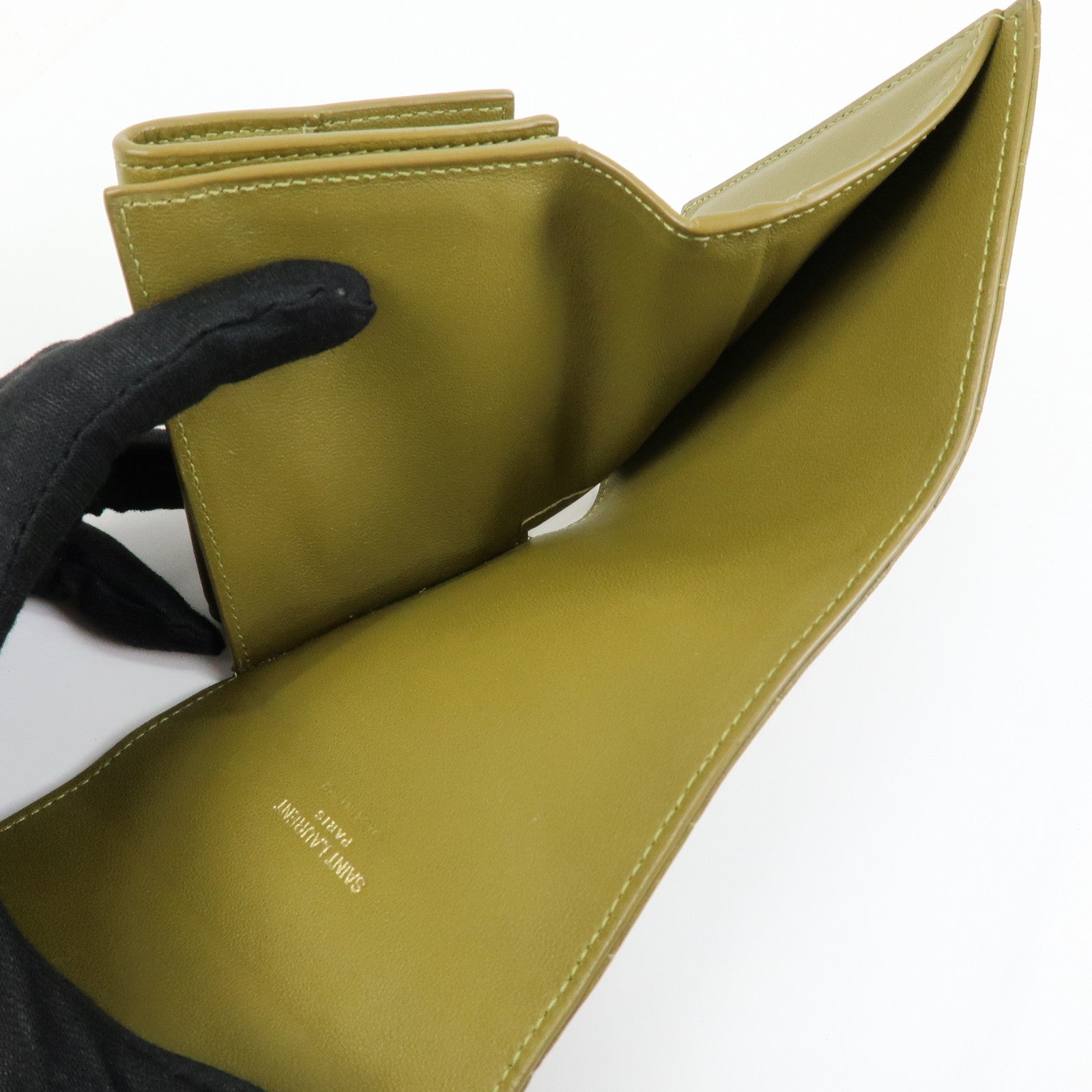 SAINT LAURENT PARIS Cassandra Leather Tri-Fold Wallet Khaki