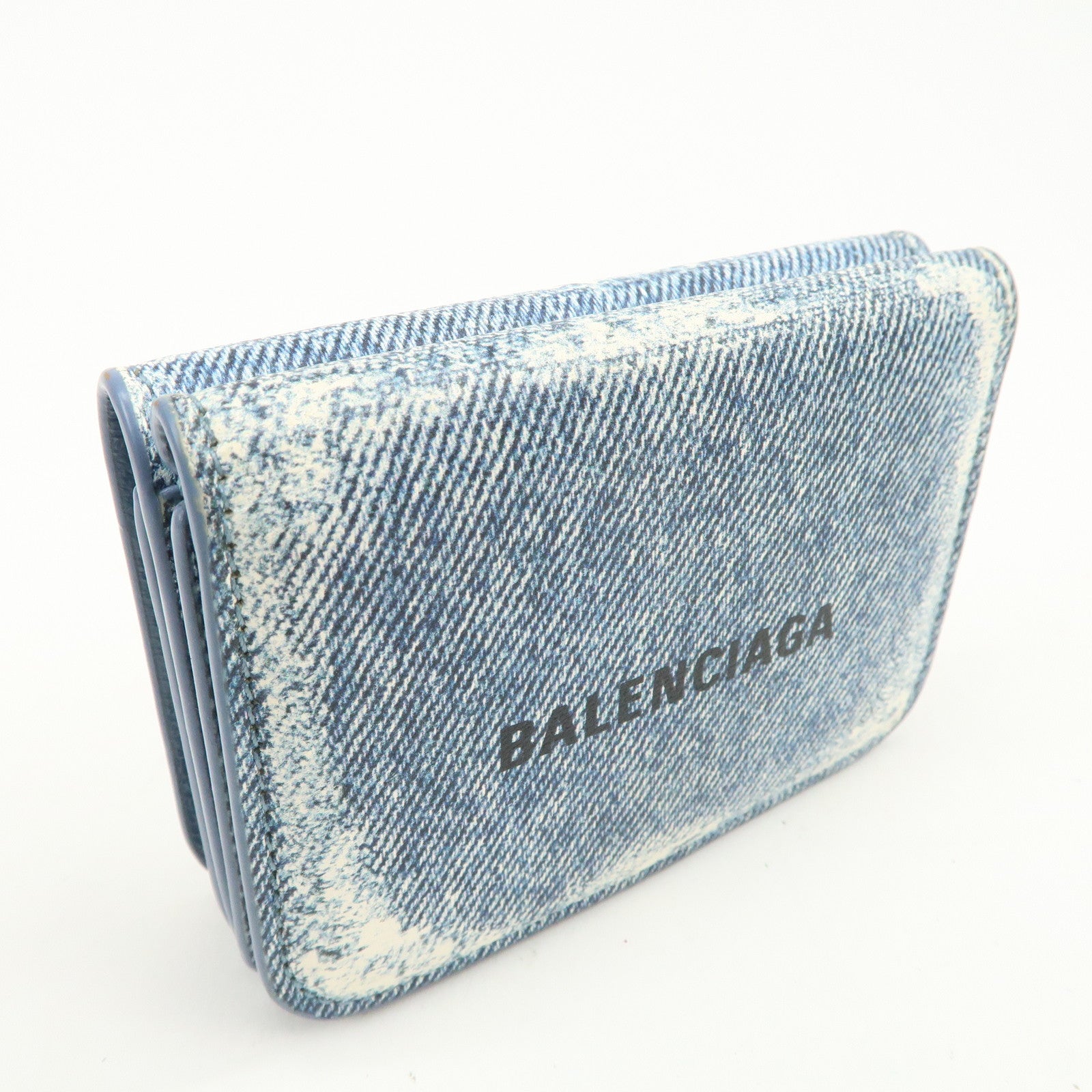 BALENCIAGA Denim Leather CASH Mini Tri-fold Compact Wallet 593813