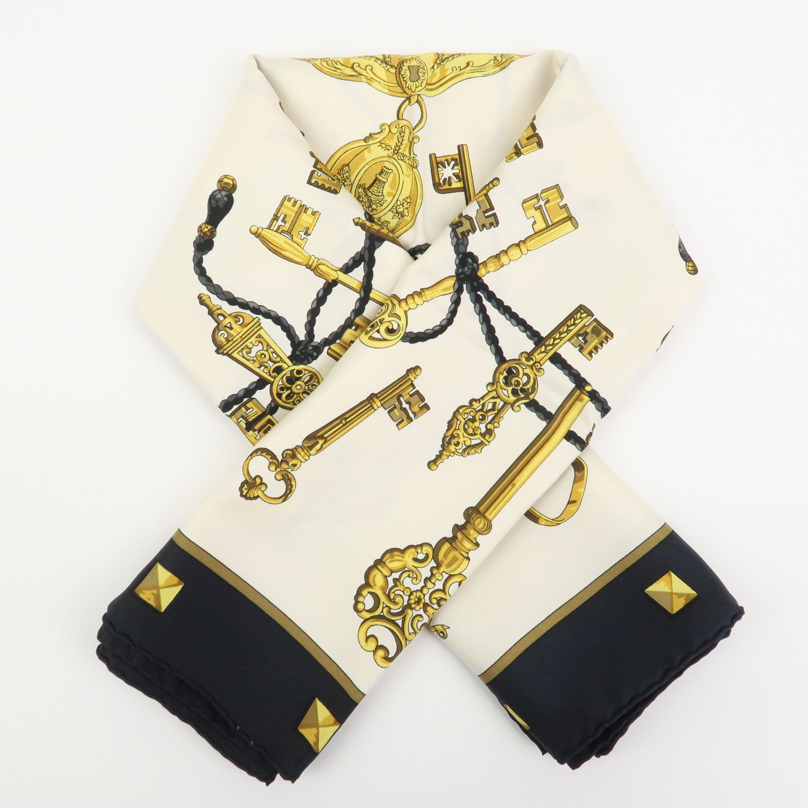 HERMES Carre 90 Silk 100% Scarf LES CLES THE KEYS RARE Black Ivory