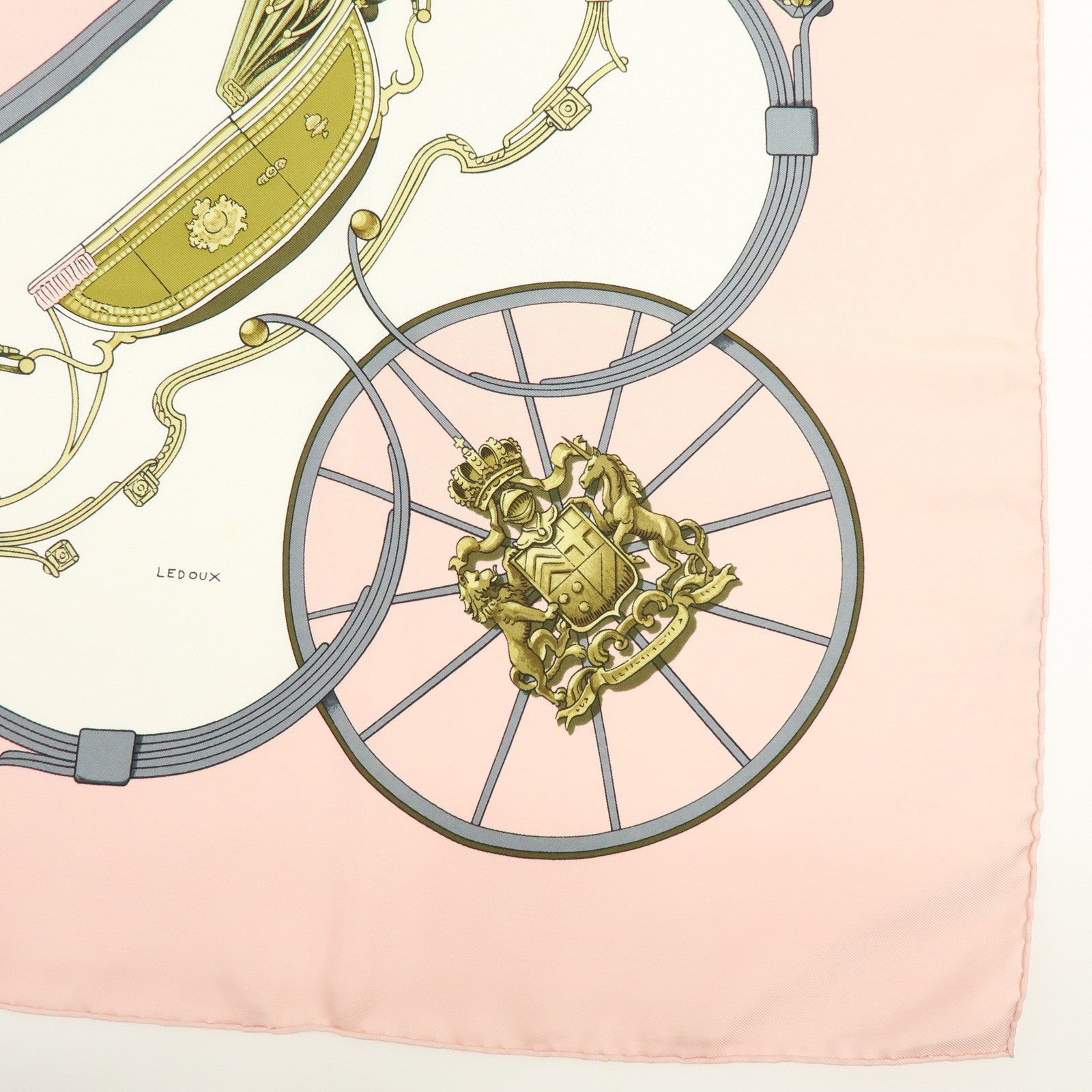 HERMES Carre 90 Silk 100% Scarf SPRINGS Carriage Print Pink White