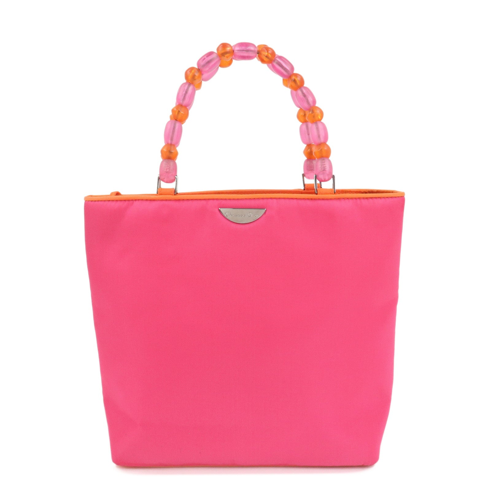 Christian Dior Malice Pearl Logo Nylon Hand Bag Pink Orange