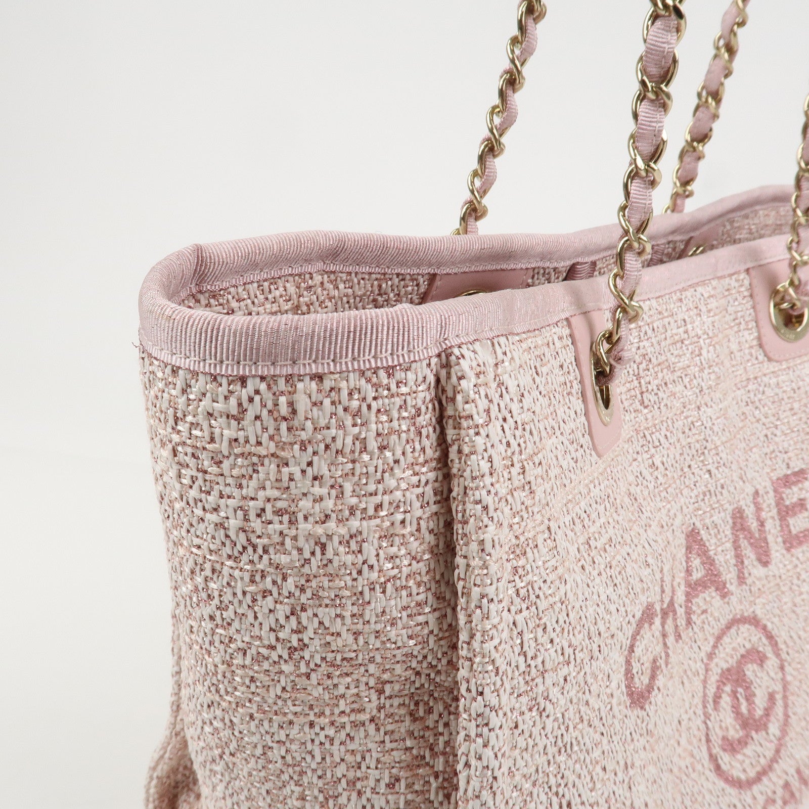 CHANEL Tweed Leather Deauville MM Shoulder Bag Tote Bag Pink